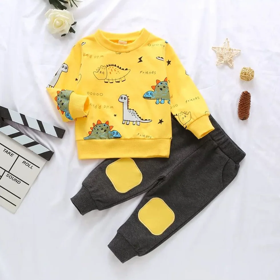 FedMois Kombinezon Dla Dzieci Chłopców Bluza i Długie Spodnie, żółte dinozaury, 5-6 anni