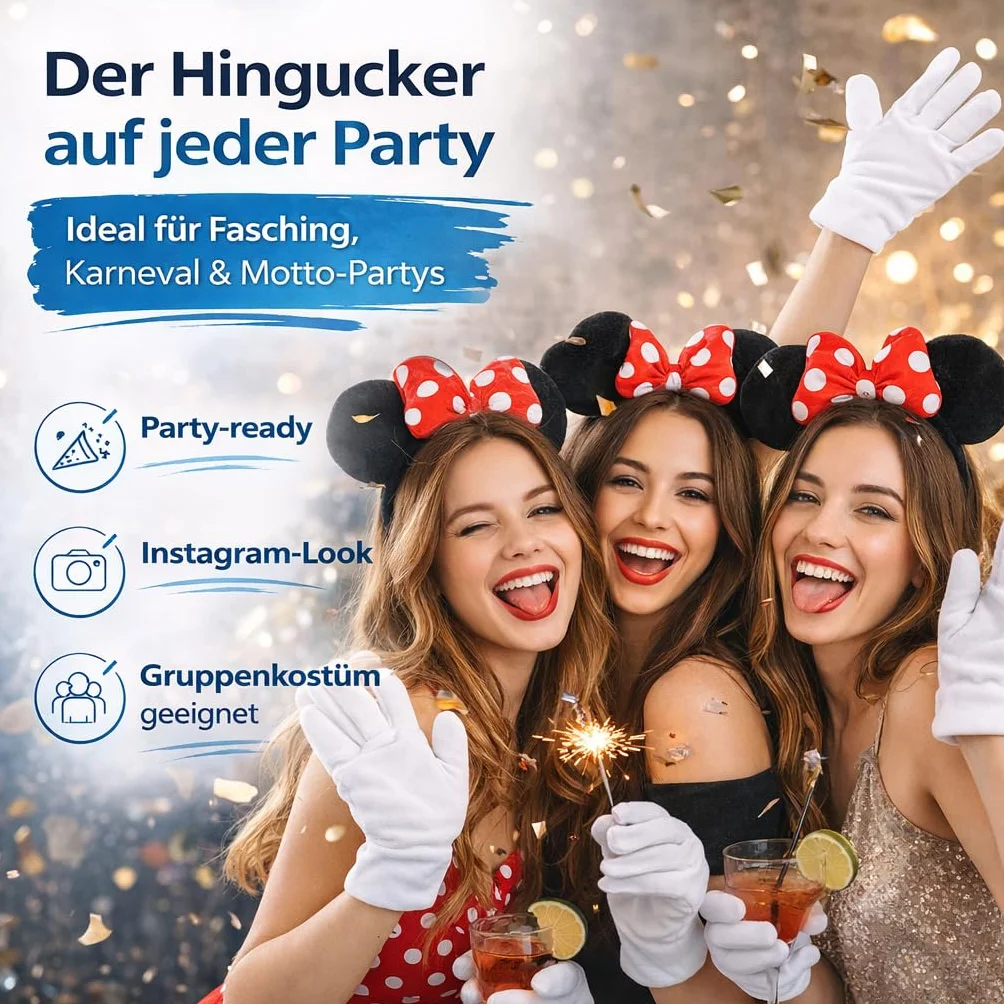 Costumed 2-częściowy zestaw z uszami myszki Minnie – kostium z rękawiczkami i uszami myszy dla kobiet na karnawał
