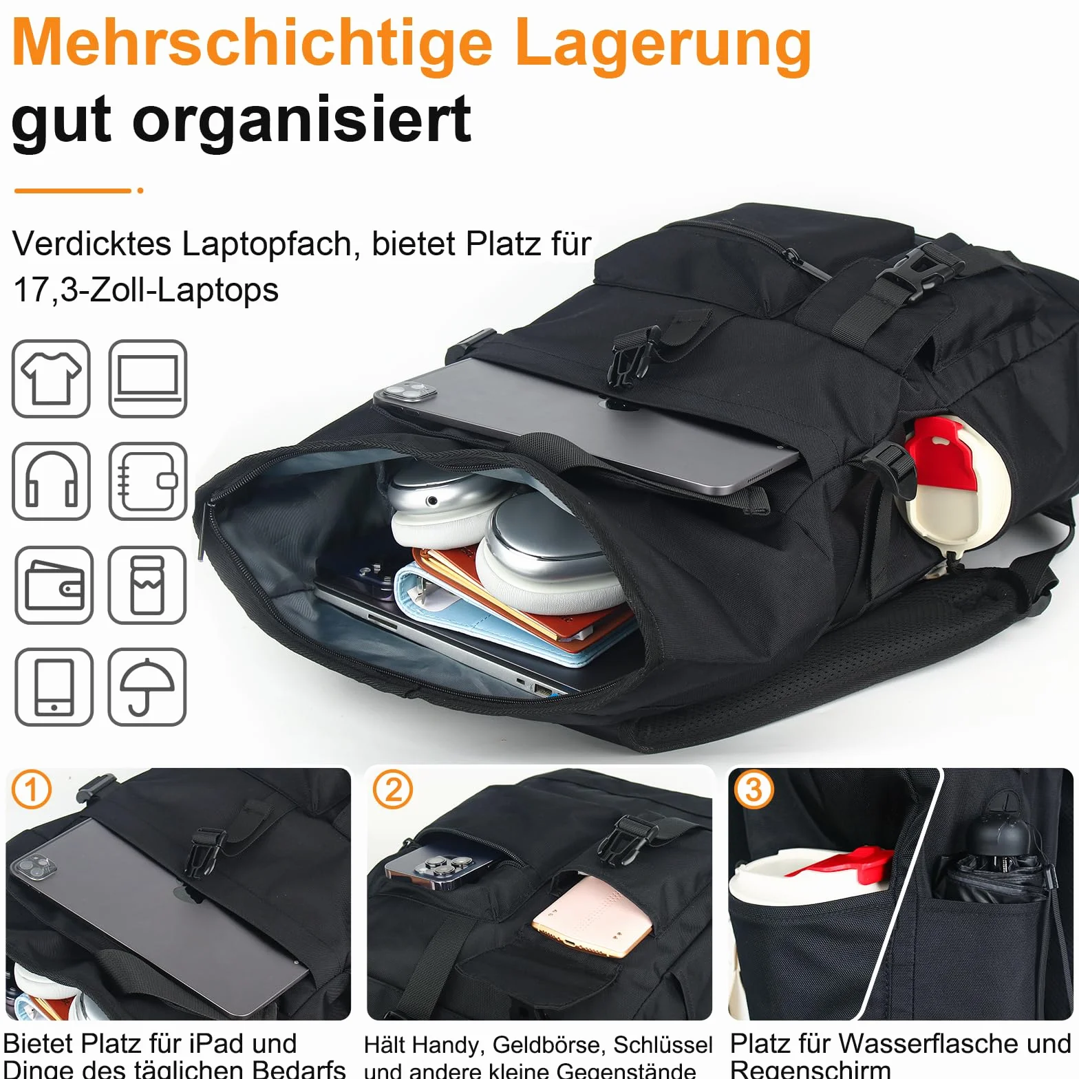 Rolltop plecak wodoszczelny, duży plecak dla mężczyzn i kobiet, Plecak zwijany z kieszenią na laptopa o przekątnej ekranu 17,3", plecak podróżny, plecak turystyczny, do pracy(Czarny) (czarny)