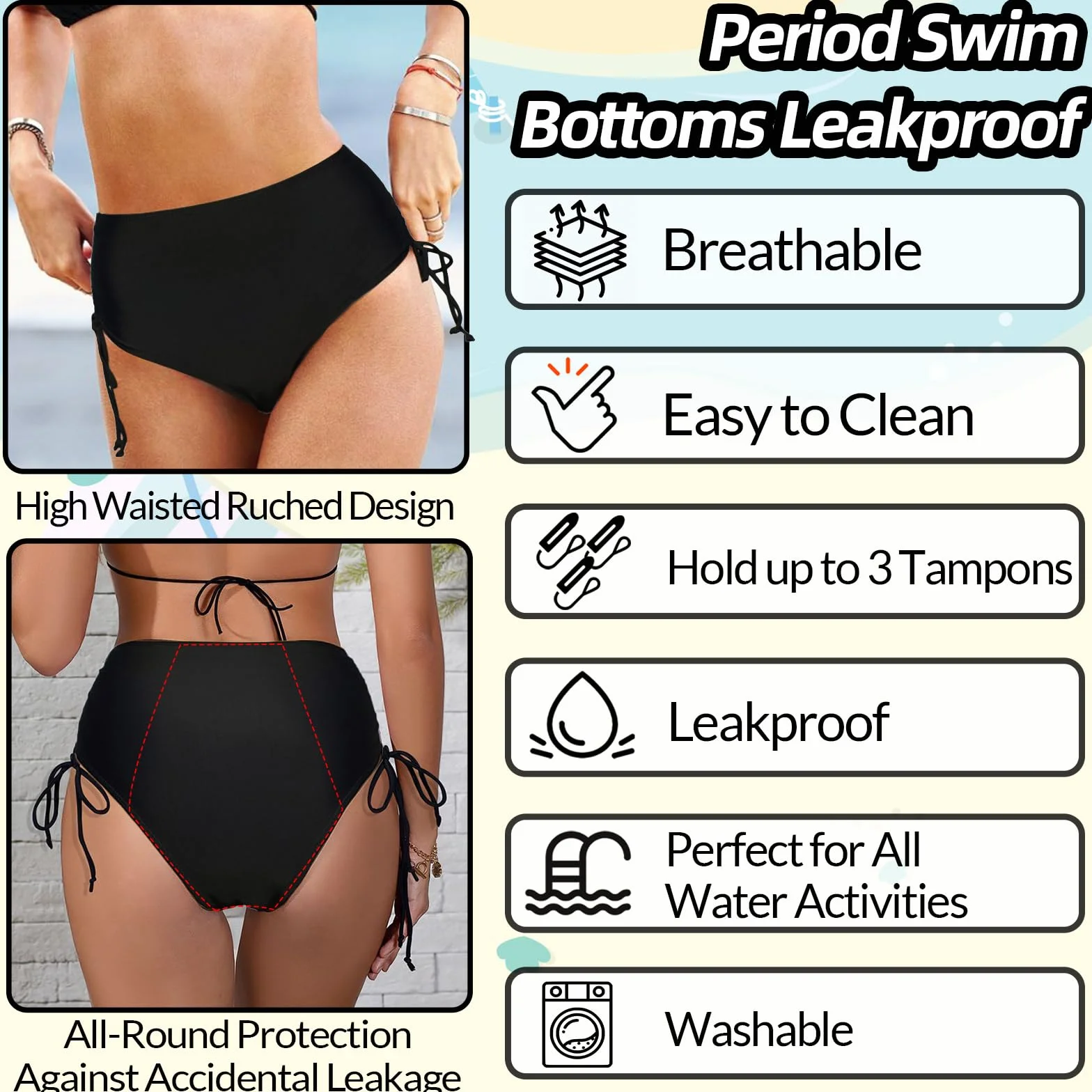 Spodnie menstruacyjne dla kobiet, do pływania, z wysokim stanem, 4-warstwowe, szczelne, bikini menstruacyjne, stroje kąpielowe dla dziewcząt, nastolatków, super chłonne, szybkoschnące szorty