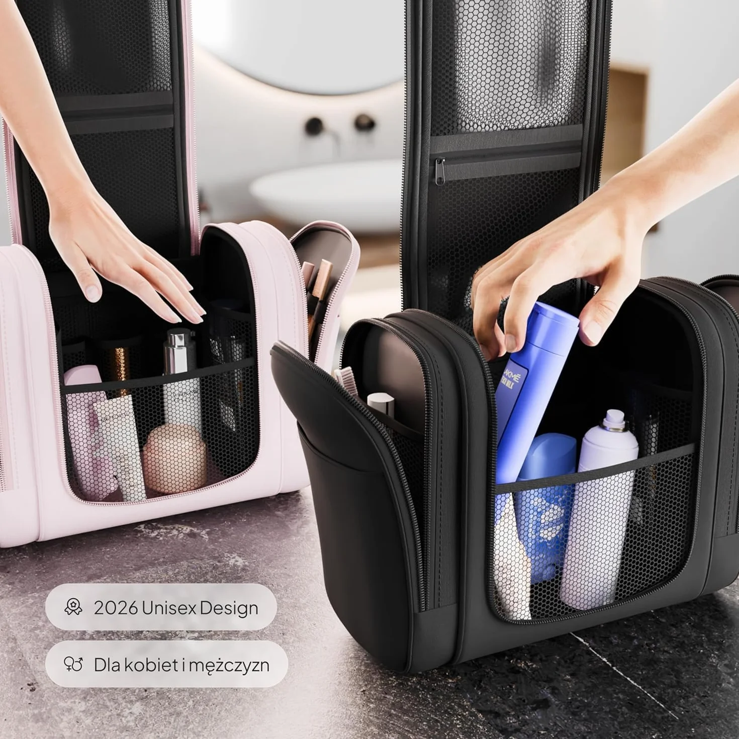 Travelaner® Kosmetyczka DESIGN 2026, Wisząca Kosmetyczka Podróżna 3w1, Pojemność 7 Litrów, dla Kobiet i Mężczyzn, Duża Torba Toaletowa, Czarny