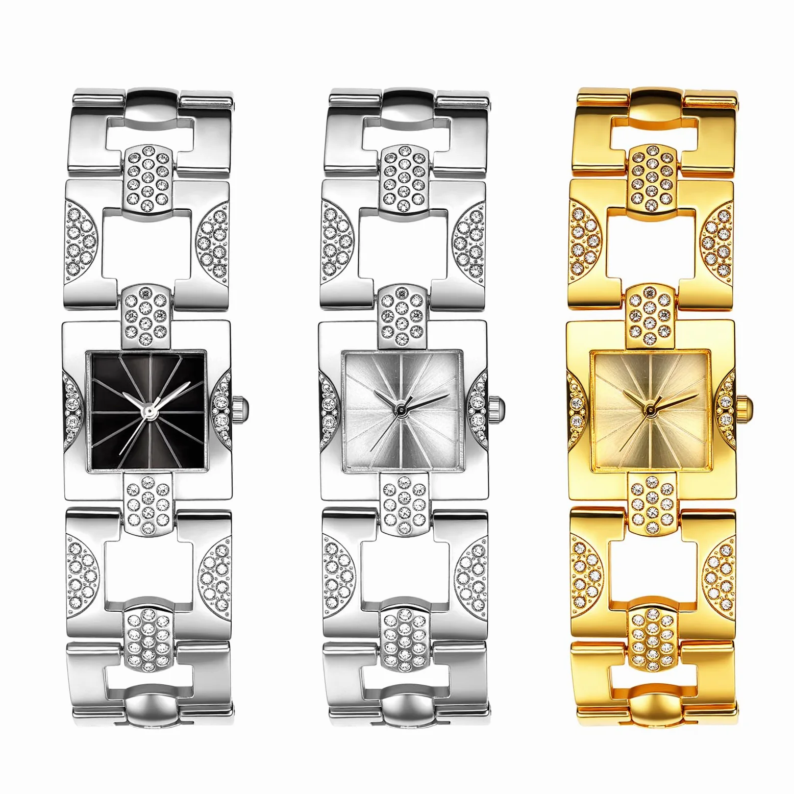 JewelryWe Zegarek damski, małe kwadratowe zegarki: 3 sztuki brokatowych strasów, analogowy zegarek na rękę, kwarcowy, metalowy, kryształowy, zegarek z kwadratowym cyferblatem, elegancki, luksusowy