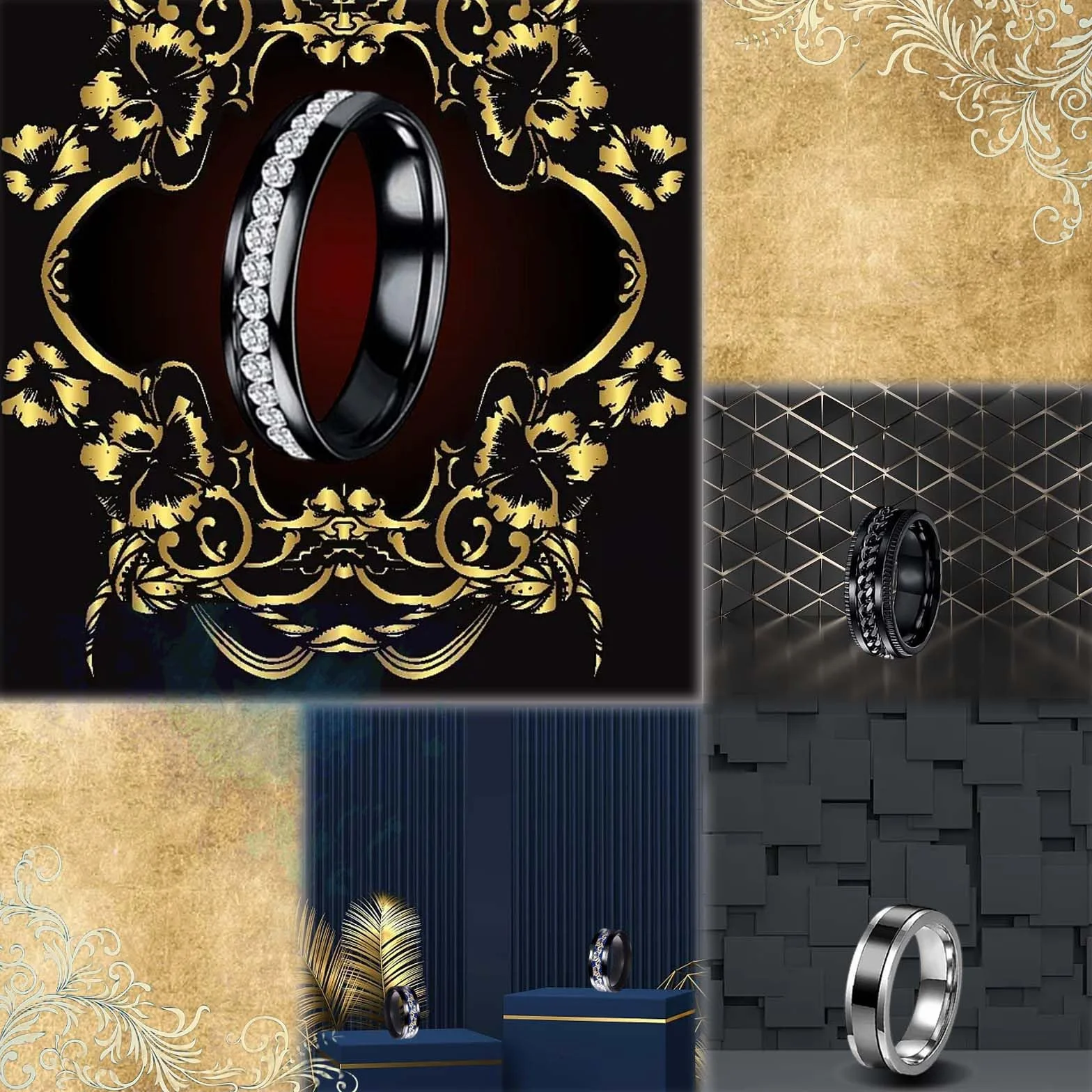 9 sztuk męskich pierścionków, fajny czarny pierścień, bransoletka w kształcie ogniwa, pierścionek fidget ring, zestaw pierścionków spinningowych, obrączki ślubne, czarne pierścionki dla