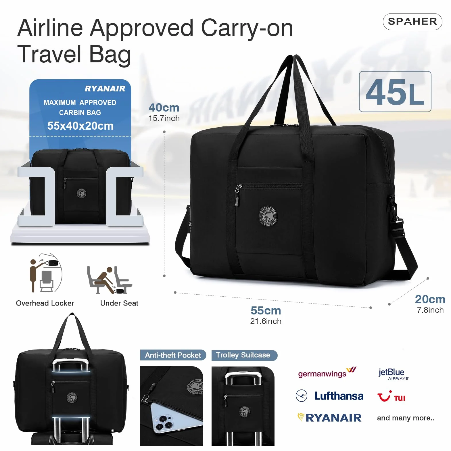 SPAHER Torba Podróżna Duża Składana Torby Podróżne Bagaż Podręczny 55x40x20 Lufthansa Tui Airways Lekki Samolotu Torba Marynarska 45L Packable Holdall Wodoodporna Torebka dla Mężczyzn i Kobiet Czarny