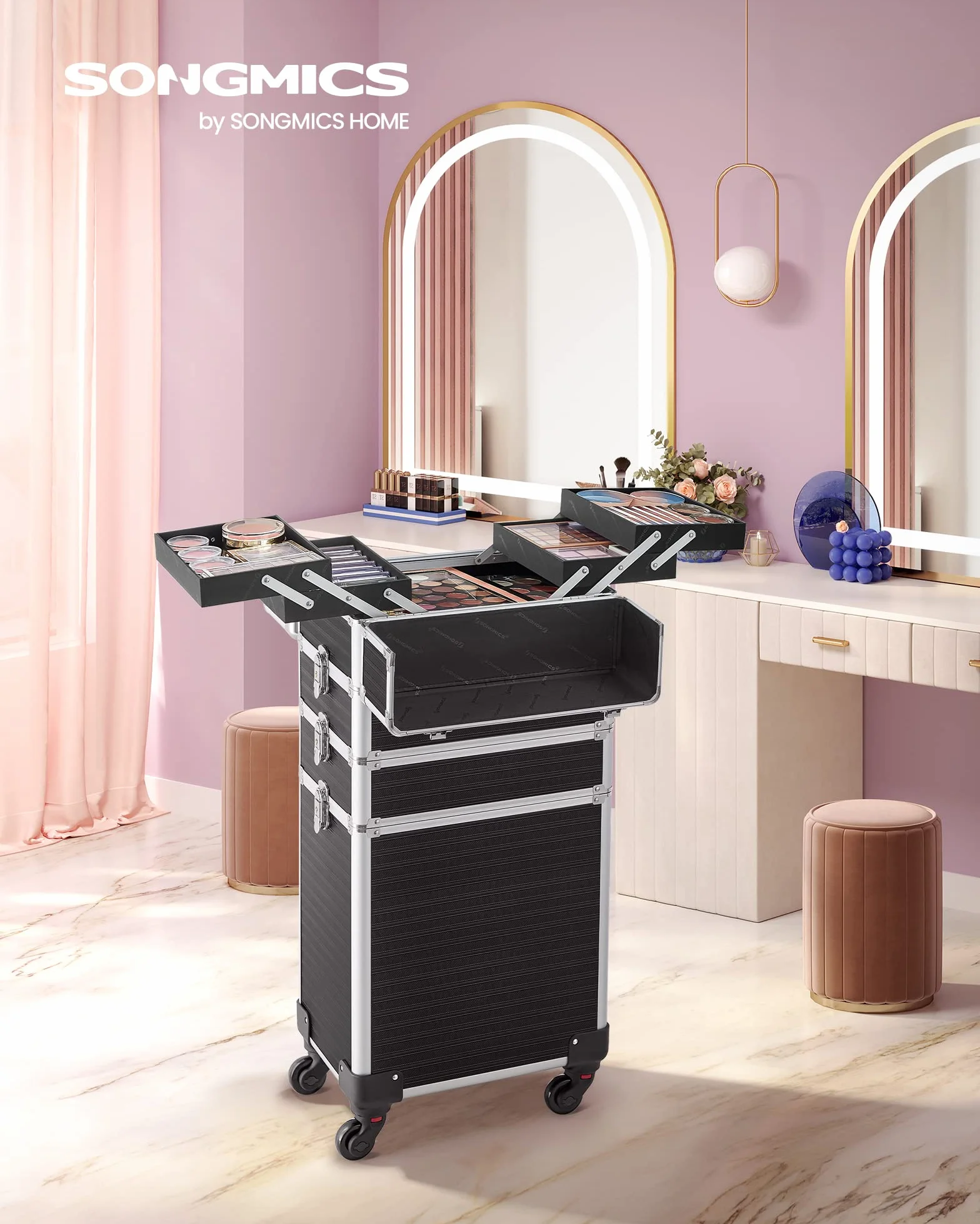 SONGMICS JHZ015B01 kuferek na kosmetyki, 4 w 1, bardzo duża, 34 x 24 x 79,3 cm, zamykana, kuferek do makijażu, kółka obracane o 360°, do podróży, pomysł na prezent, czarny, JHZ015B01