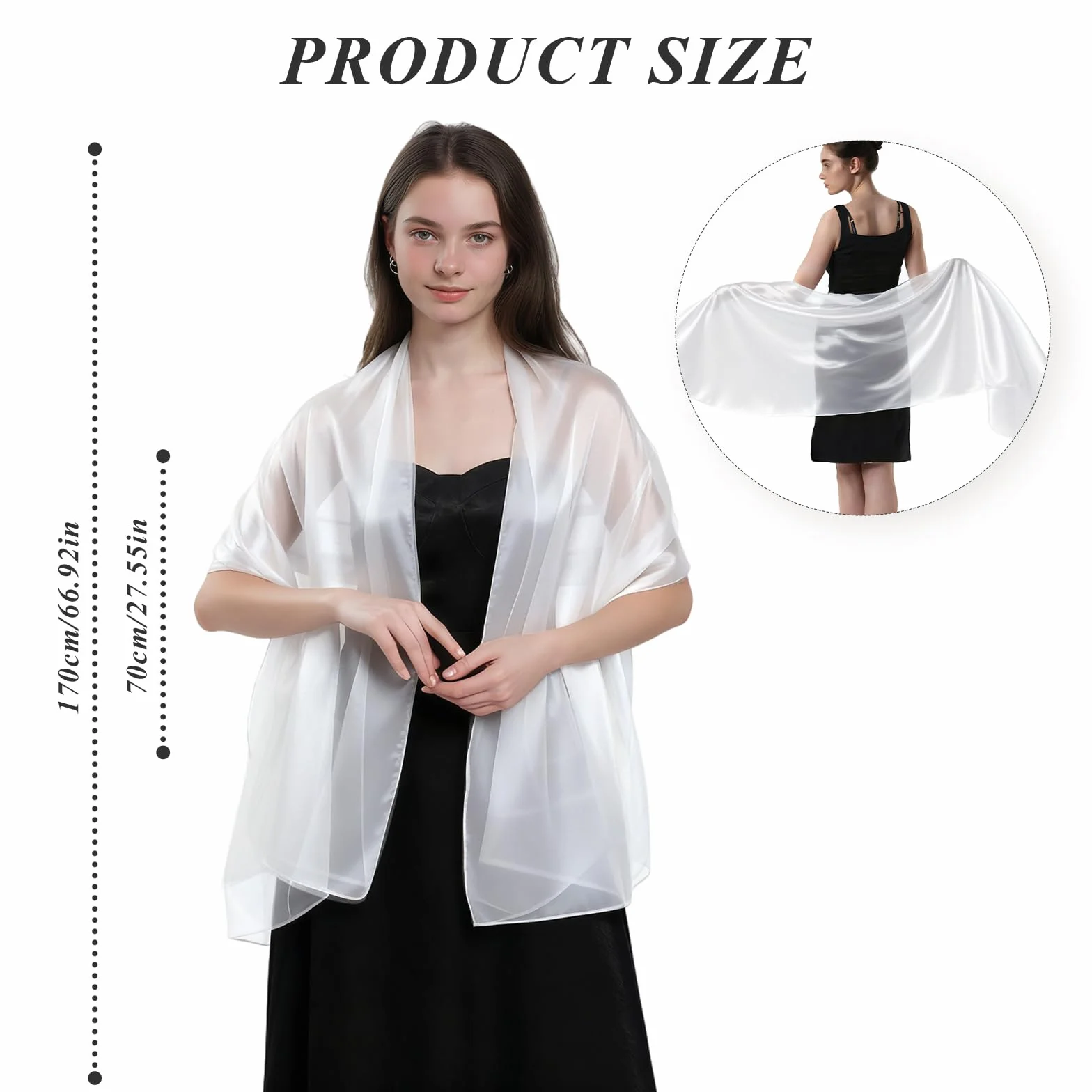 Szal na suknię wieczorową, Elegancki szal ślubny dla kobiet na uroczystości, na wieczorne przyjęcia, codziennego użytku, Elegancki szal dla druhny ślubnej, biały, 170 x 70 cm