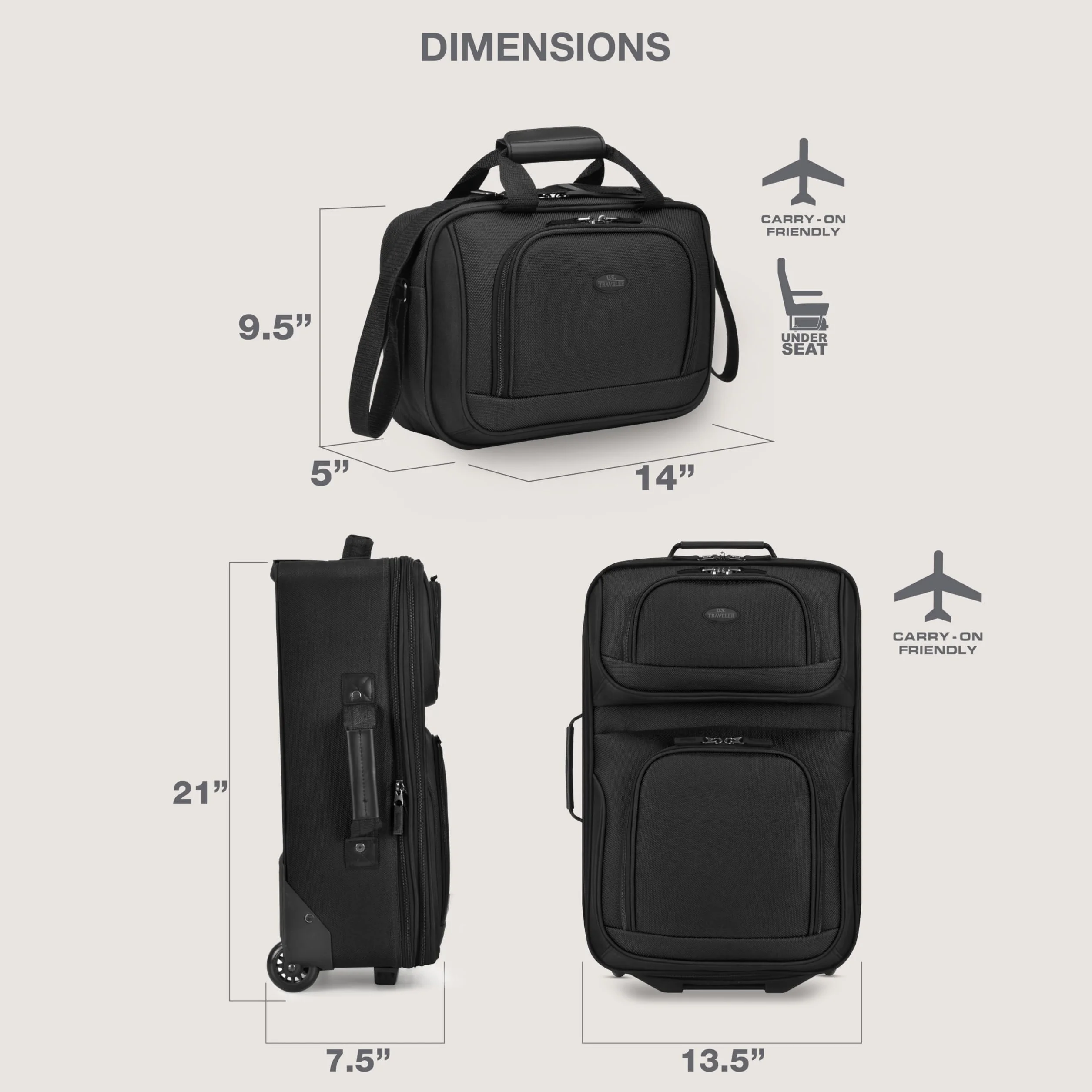 U.S. Traveler Rio wytrzymały materiał rozszerzalny bagaż podręczny, Czarny, 2 Wheel, Rio Lekka walizka podręczna 50 cm Softside rozszerzalna konstrukcja, trwała, biznesowa i podróżna