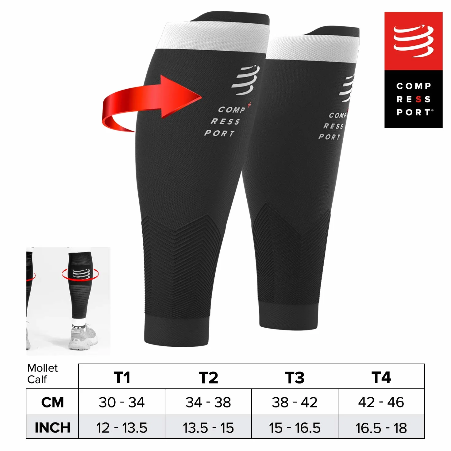 Compressport - bandaż kompresyjny na łydki – R2V2 – ochrona mięśni, wydajność i rekreacja do uprawiania sportu – ultralekki i antystatyczny – bieganie, jazda na rowerze, do jazdy na rowerze i