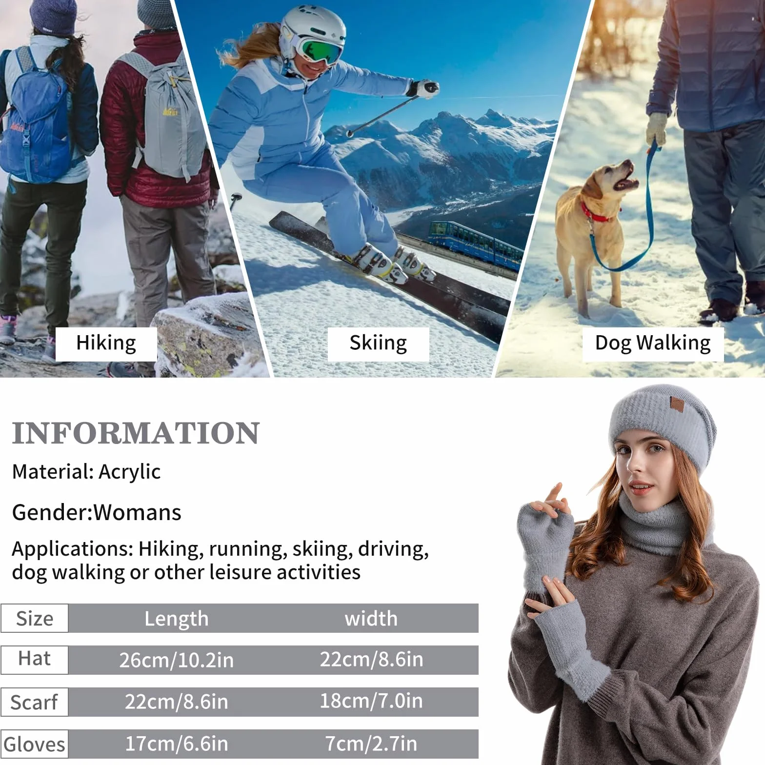 Zestaw czapek i szalików dla kobiet z podszewką polarową, czapka, szalik i rękawiczki, zestaw damski, 3 w 1, termiczna dzianinowa czapka beanie, ocieplacz na szyję, rękawiczki bez palców, dla