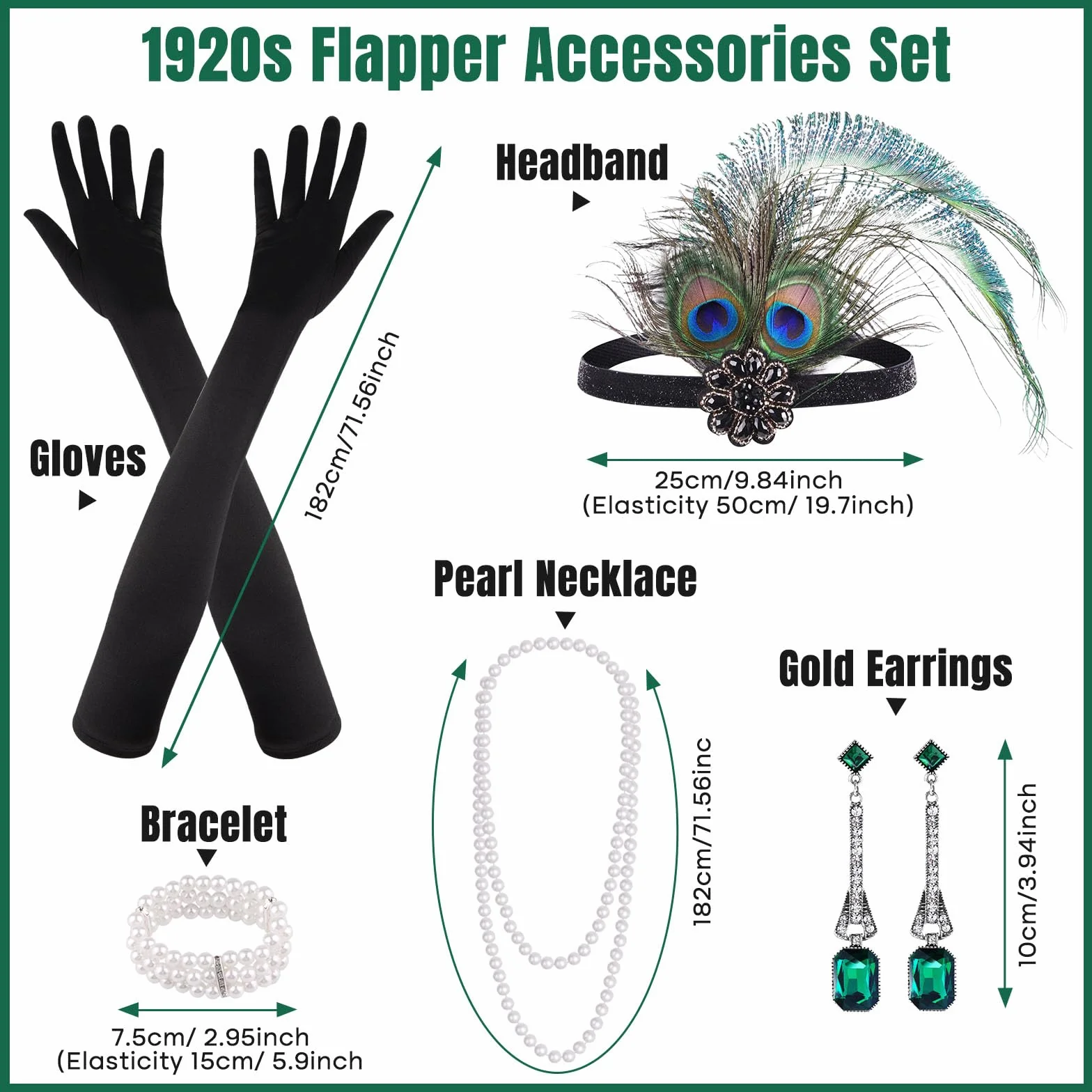 PLULON 7 sztuk 1920 Flapper Great Gatsby Akcesoria Zestaw Moda Roaring 20's Zestaw tematyczny z opaską na głowę Długie Czarne Rękawiczki Naszyjnik Kolczyki dla kobiet (Styl 5)