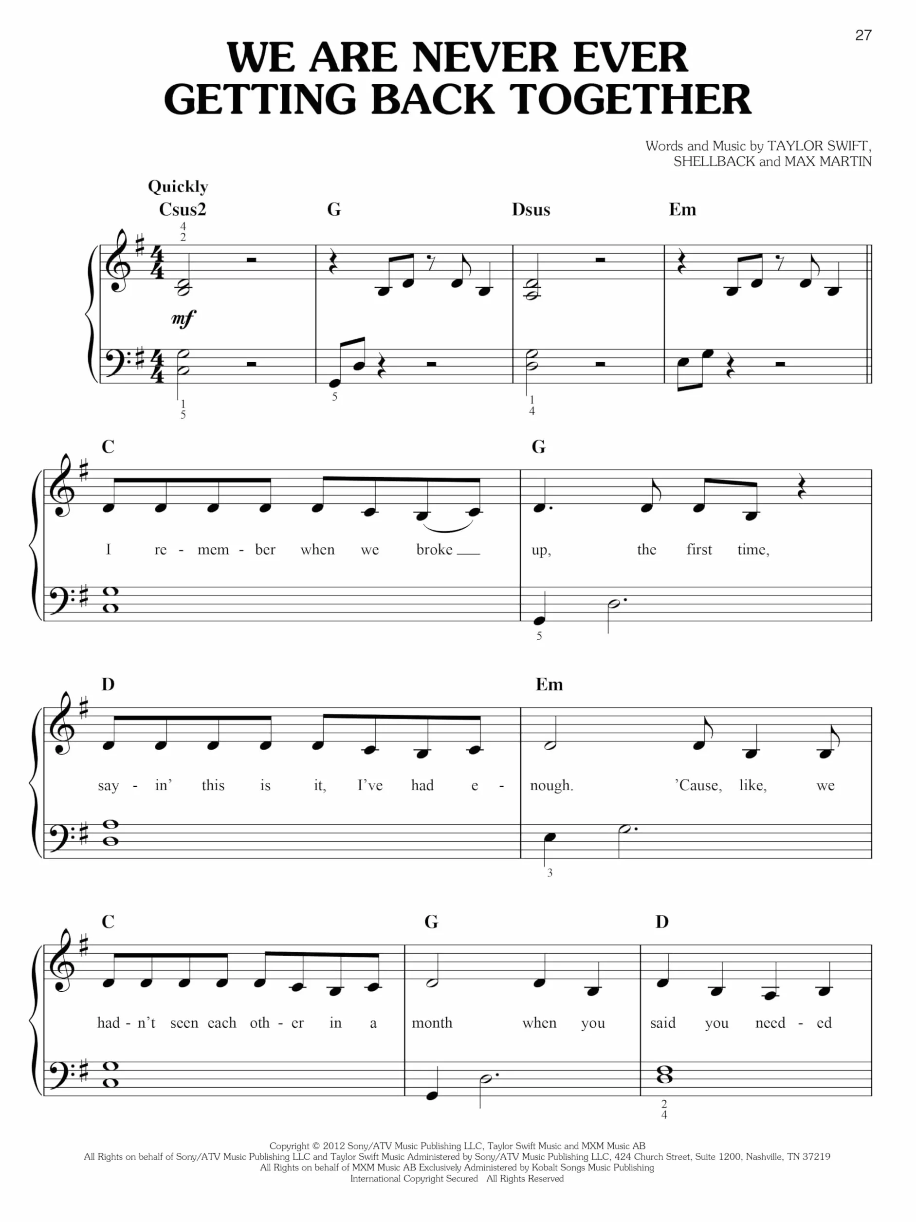 Taylor swift easy piano play-along - recueil + enregistrements en ligne: Easy Piano Play-Along Volume 19