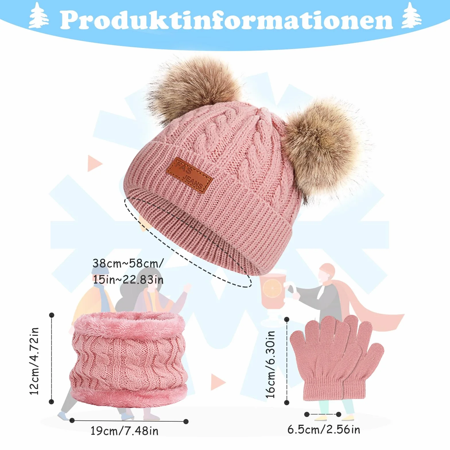 Grantop Dziecięca czapka zimowa, rękawiczki, szalik, zestaw z okrągłym szalikiem, zestaw czapek, szalik, podwójny pompon, ciepła czapka zimowa, czapka z dzianiny, zestaw dla dzieci w wieku 1-5 lat