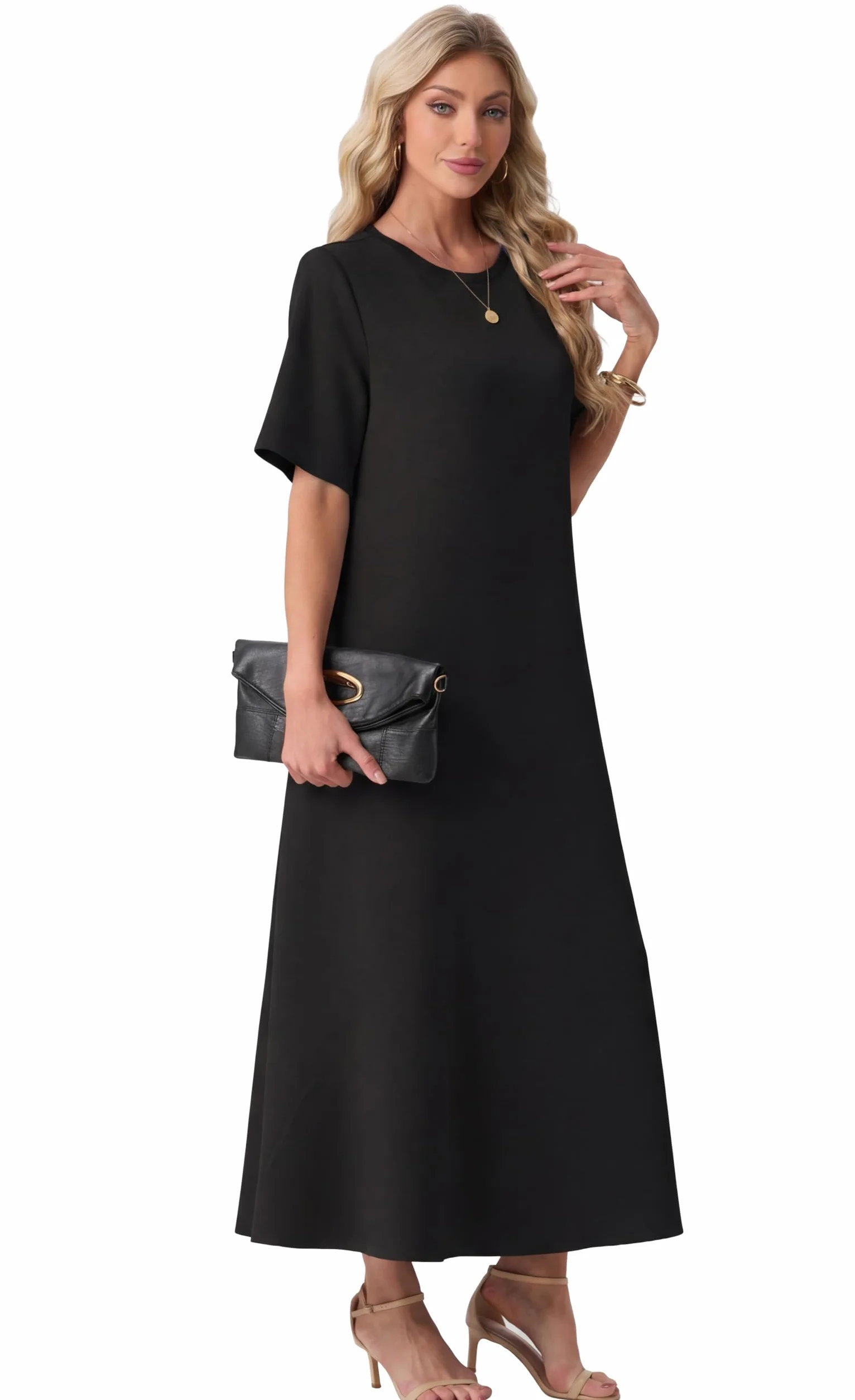 GRECERELLE Damskie letnie sukienki UK sukienka maxi z krótkim rękawem z kieszeniami damskie eleganckie sukienki świąteczne na co dzień dla kobiet oddychająca sukienka przeciwsłoneczna