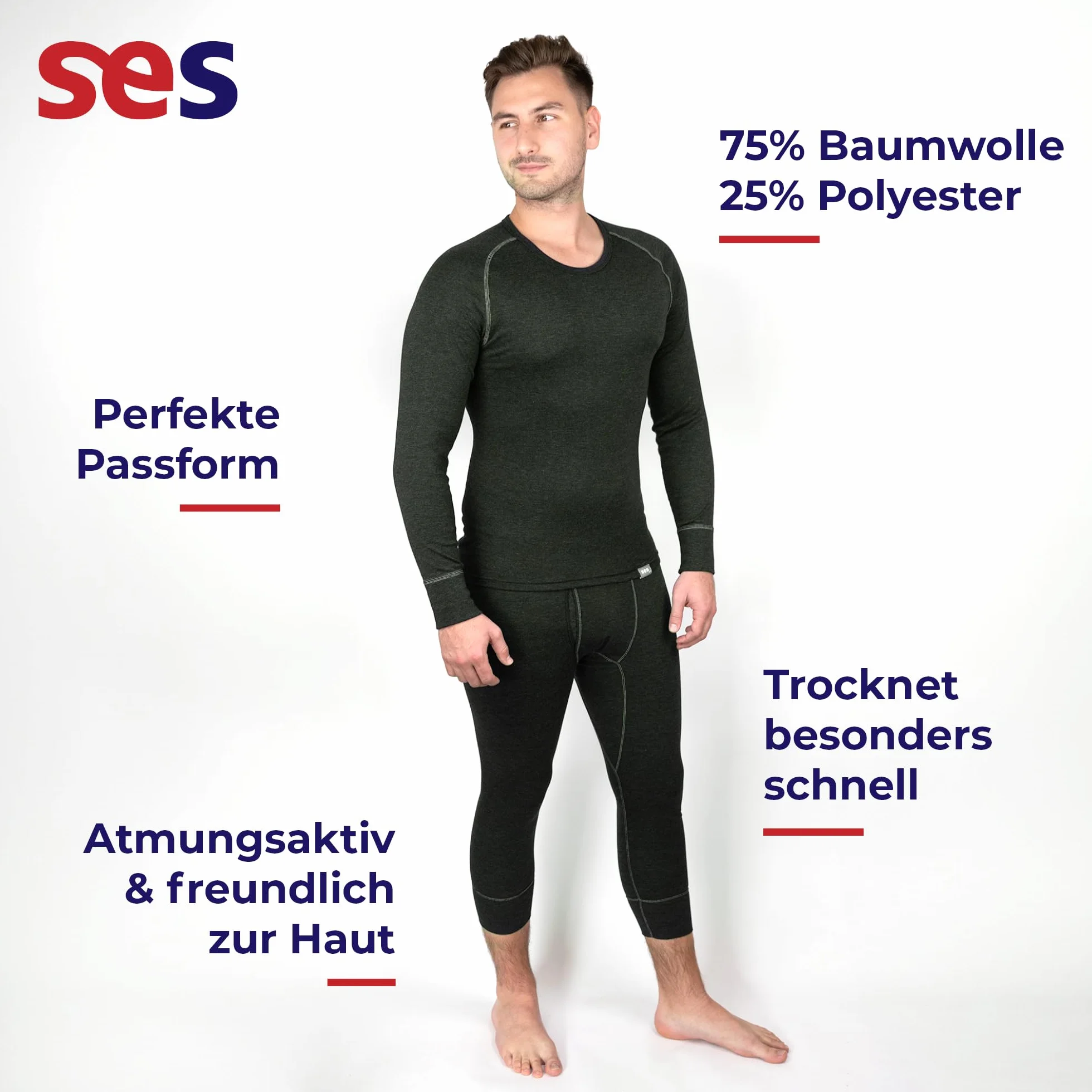 SES Męskie spodenki termiczne 3/4 z otworem S - 4XL z 75% bawełny i 25% poliestru / oddychające majtki męskie długie / bielizna termiczna dla mężczyzn dla ciepła i komfortu