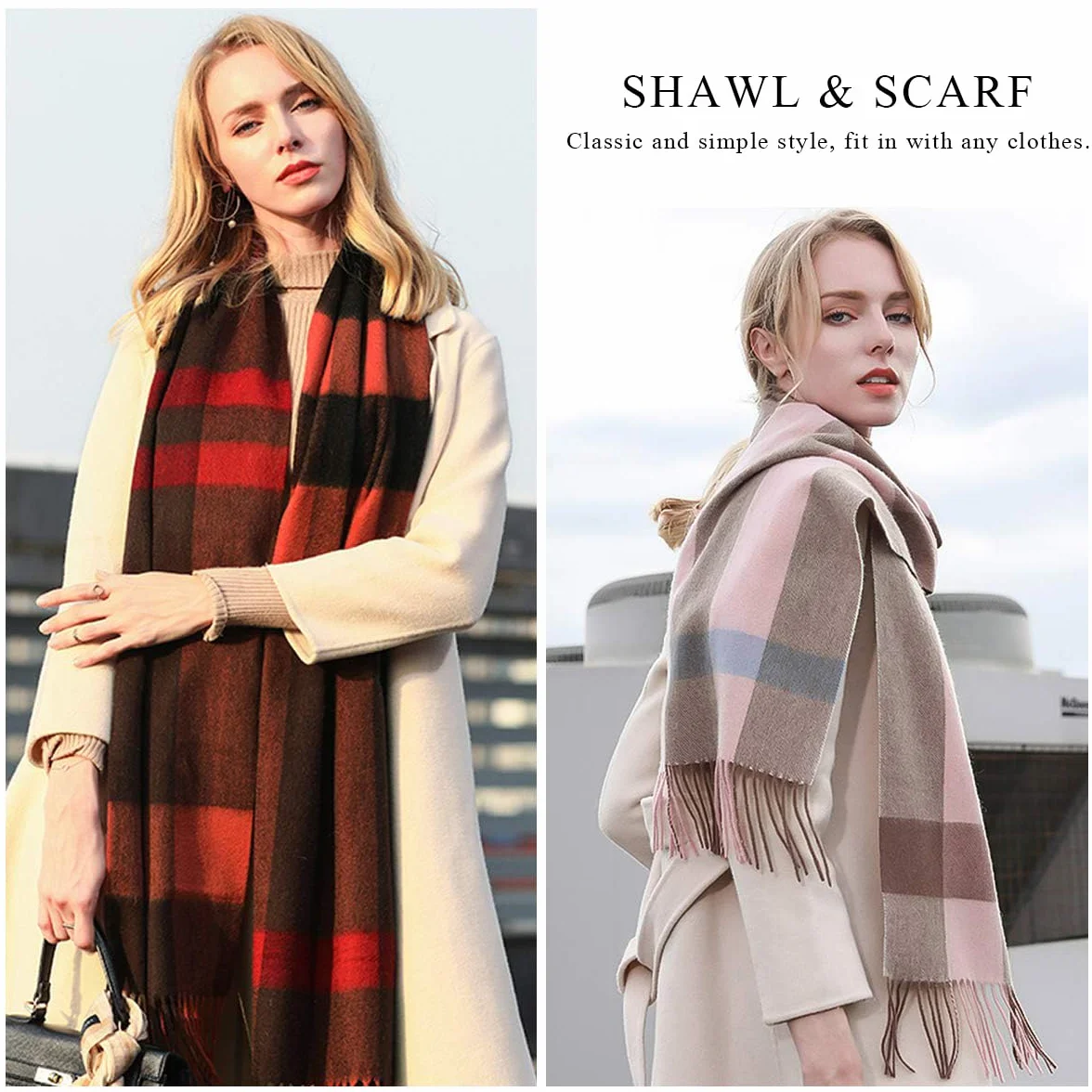 LumiSyne Zimowy senior w kratę kaszmirowy szalik z frędzlami dla kobiet mężczyzn oversize Tartan etola klasyczny wzór karo miękki i pogrubiony szal w kratkę Pashmina, czerwony (Weinrot), jeden rozmiar