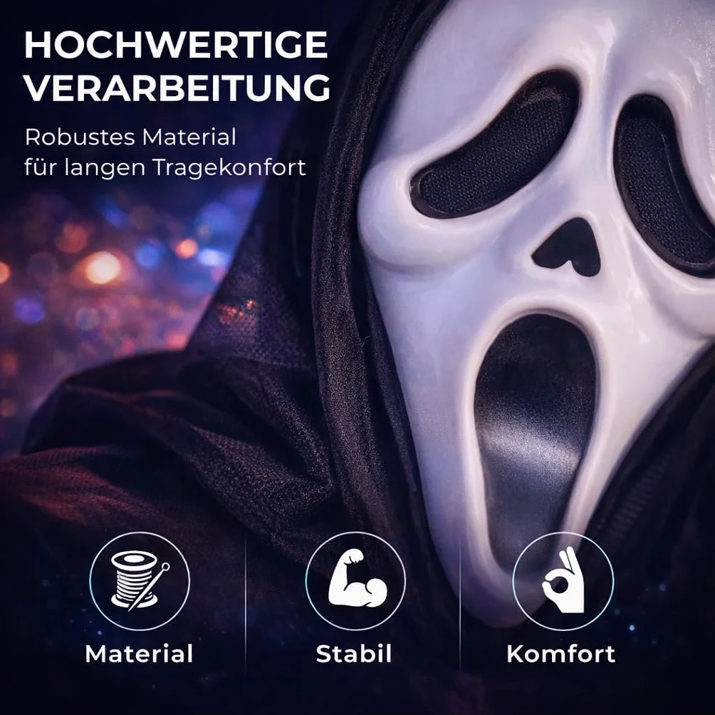 Costumed Krzyk Halloweenowa maska horroru - dla mężczyzn i kobiet jako kostium na Halloween - maska kostiumowa Ghostface Fancy Dress Ghost Mask