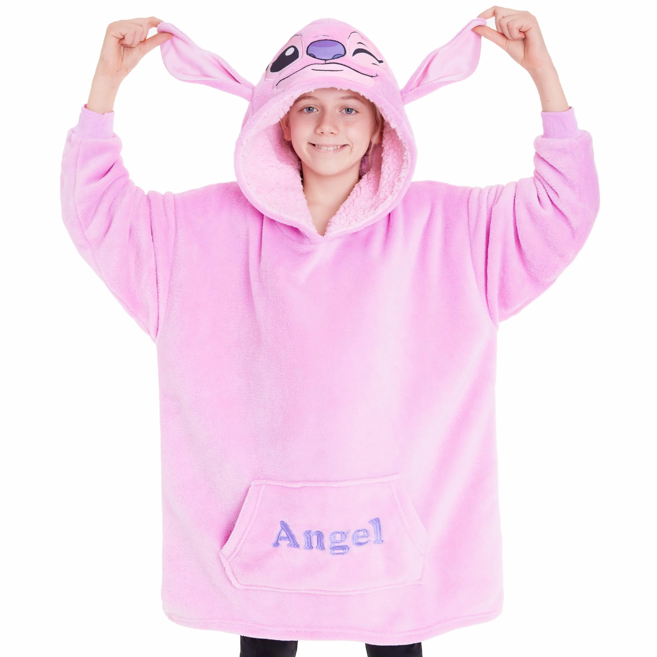 Polarowy koc z kapturem Disney Stitch dla dzieci i nastolatków - Puszysta bluza z kapturem w jednym rozmiarze - Stitch Prezenty