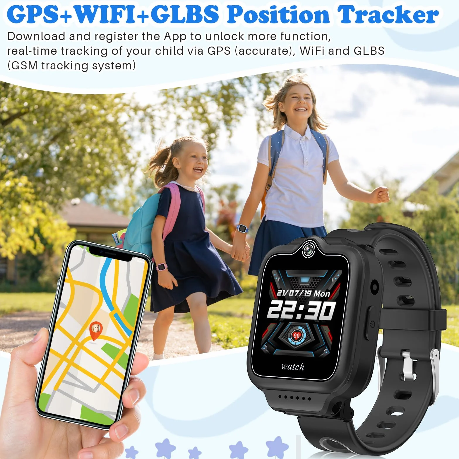 ele ELEOPTION 4G GPS dziecięcy smartwatch z telefonem, wodoszczelny, Smart Watch dla chłopców i dziewczynek, 2-drożne połączenia, rozmowy głosowe i wideo, aparat, SOS, odtwarzacz muzyczny i wideo,