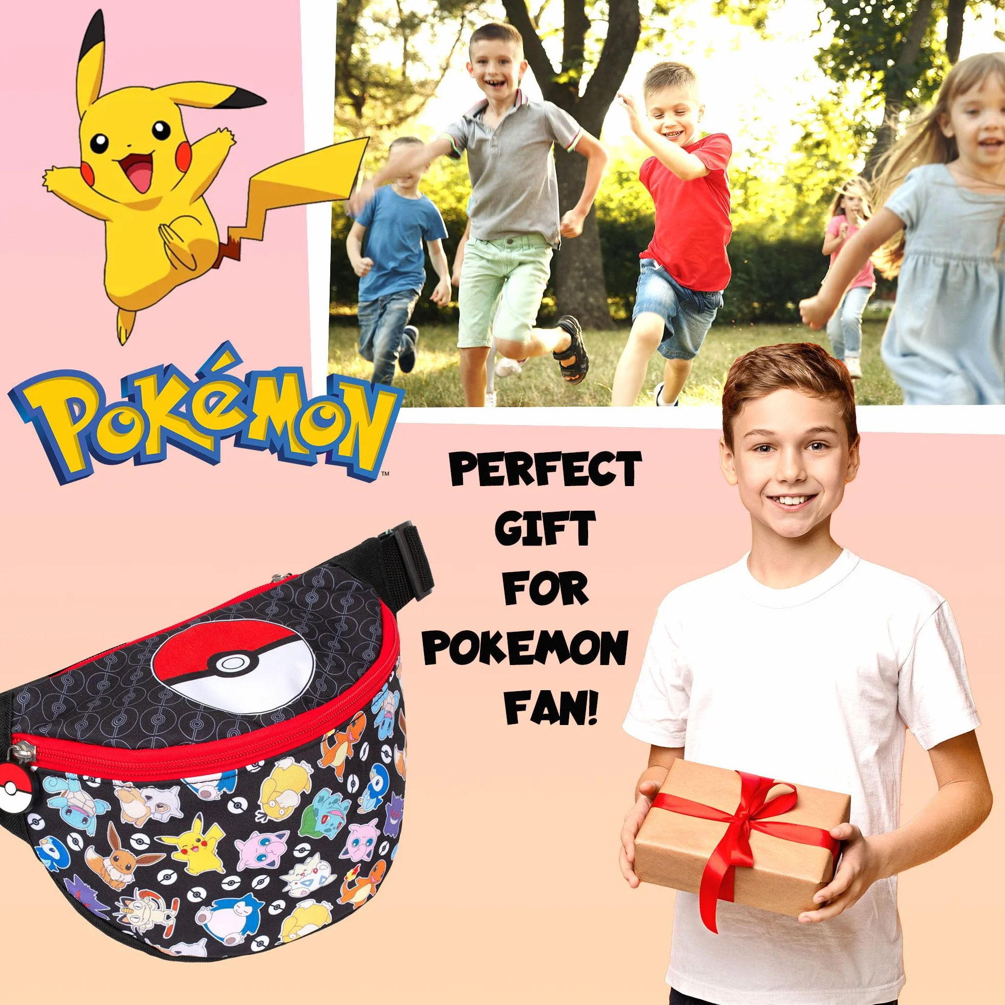 Pokémon Torba na biodra dla chłopców z regulowanym paskiem, lekka, zabawna torba na pas, torebka na podróże dla dzieci, torebka na ramię z regulowanym paskiem, torebka na biodra dla dzieci