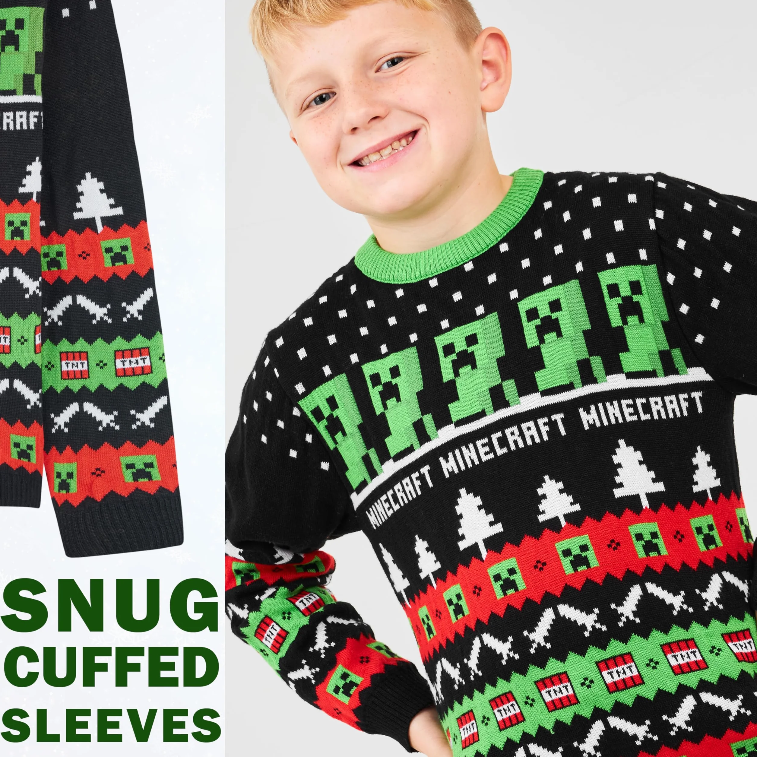 Minecraft Chłopięcy świąteczny sweter, okrągły dekolt, długie rękawy, sweter dla chłopców i nastolatków
