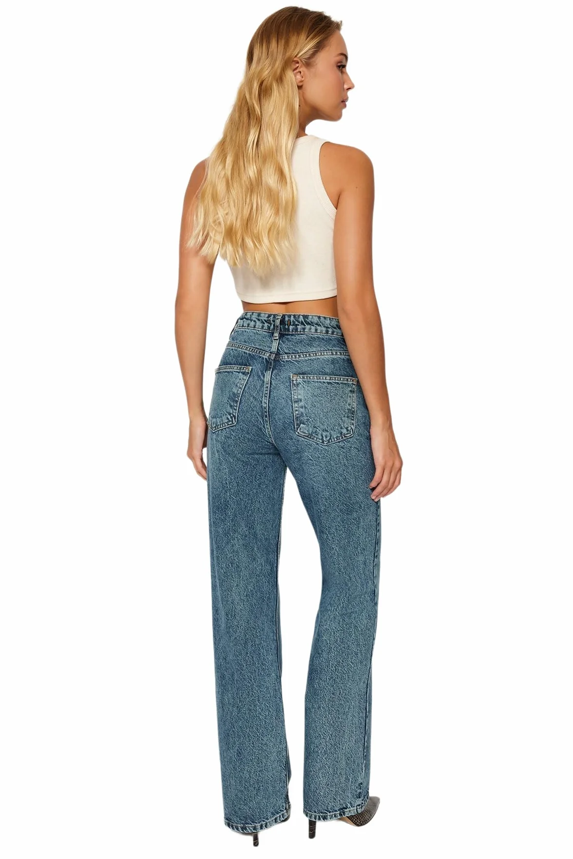 Trendyol Blue Pale Effect Vintage High Waisted Wide Leg Jeans Twoaw24je00089 - Dżins Kobiety