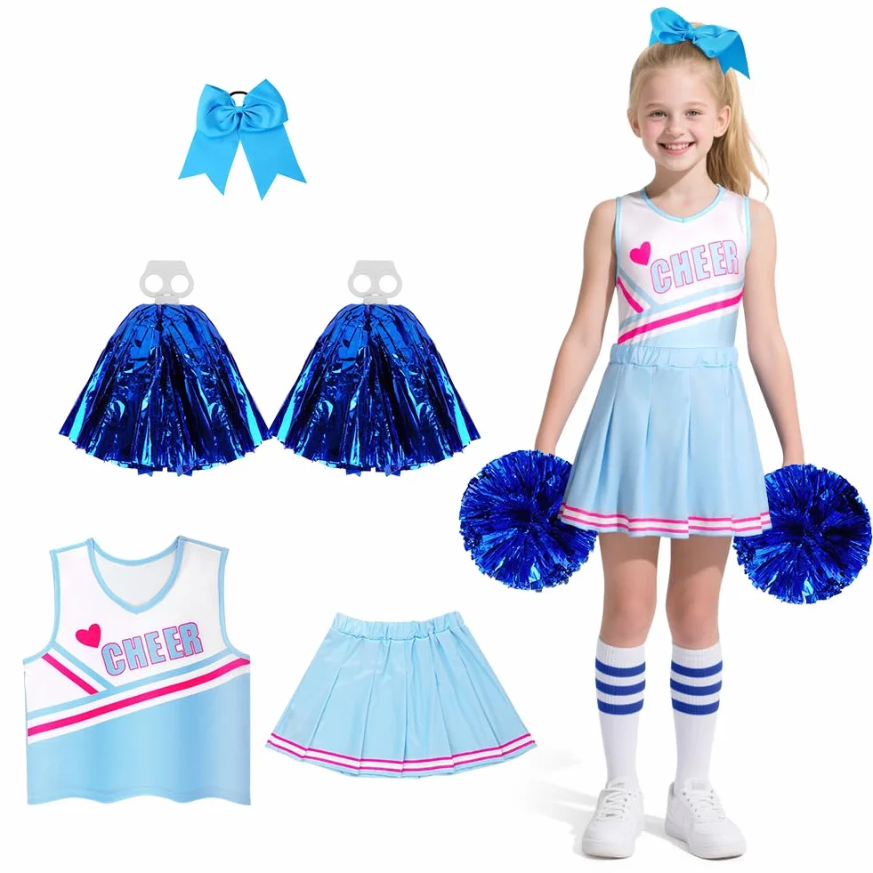 DiULi Kostium cheerleaderki dla dziewczynki, kostium cheerleaderki, klasyczny strój cheerleaderki, 5-częściowy zestaw z pomponami, bluzką, spódnicą, skarpetkami i opaską na głowę, do fantazyjnego