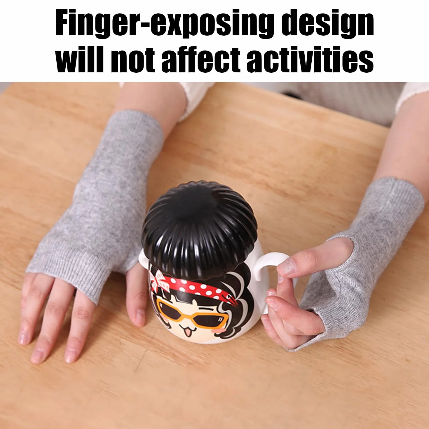 SLEEKEE 2 pary kaszmirowych rękawiczka bez palców, termiczne, dzianinowe, zimowe, ciepłe z półpalcami, czarne i jasnoszare z otworami na kciuki