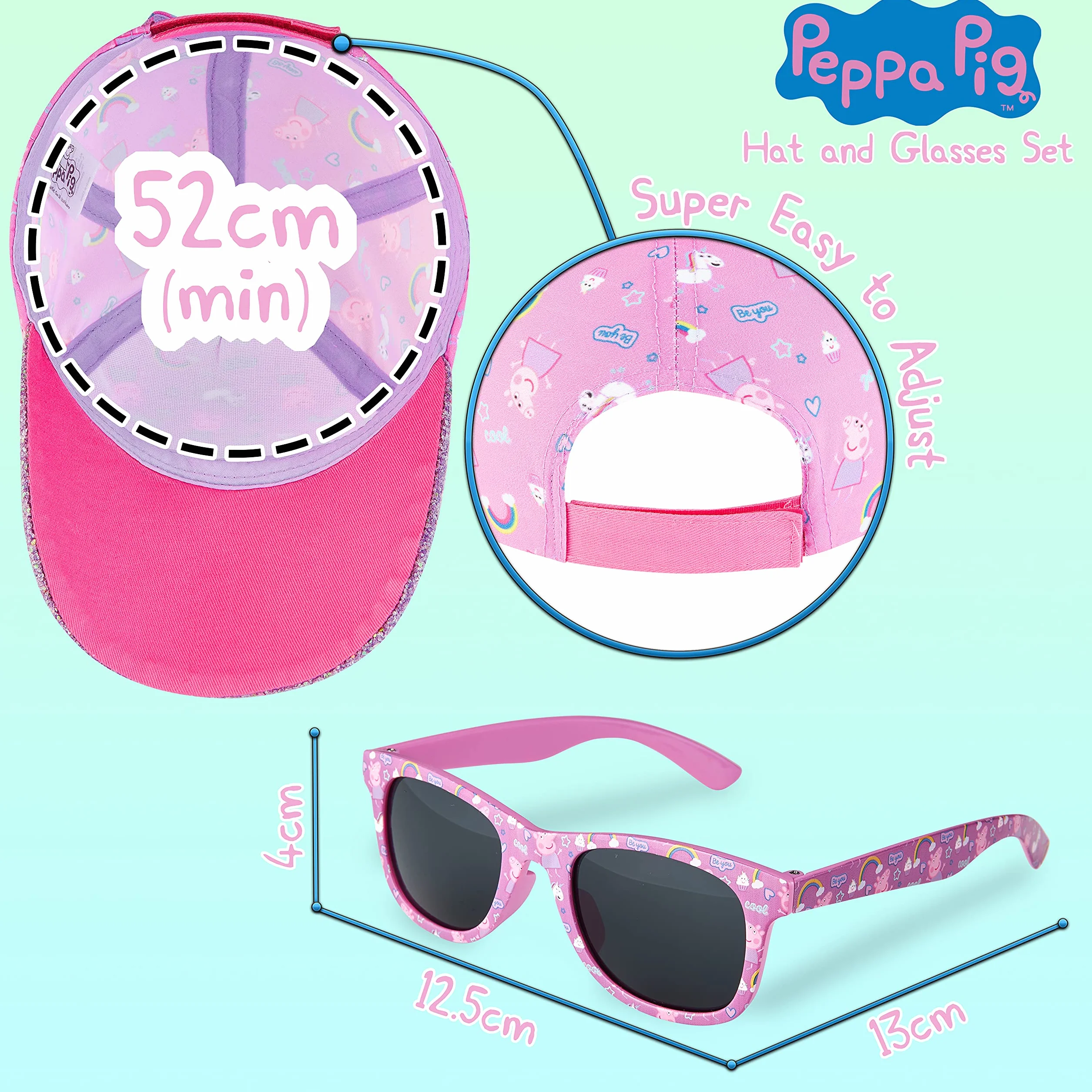 Peppa Pig Okulary przeciwsłoneczne czapka z daszkiem zestaw akcesoriów dla dziewczynek lato tęczowy jednorożec kapelusz przeciwsłoneczny 100% UV dzieci okulary przeciwsłoneczne plaża wakacje, różowy