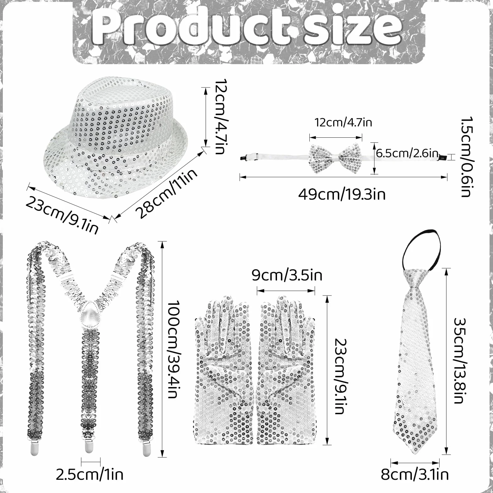 Zestaw brokatowych akcesoriów do dyskoteki, 5 sztuk, w tym kapelusz z cekinami, szelki, muszka, krawat, rękawiczki, cekinowe akcesoria na imprezę lub karnawał (srebrny)
