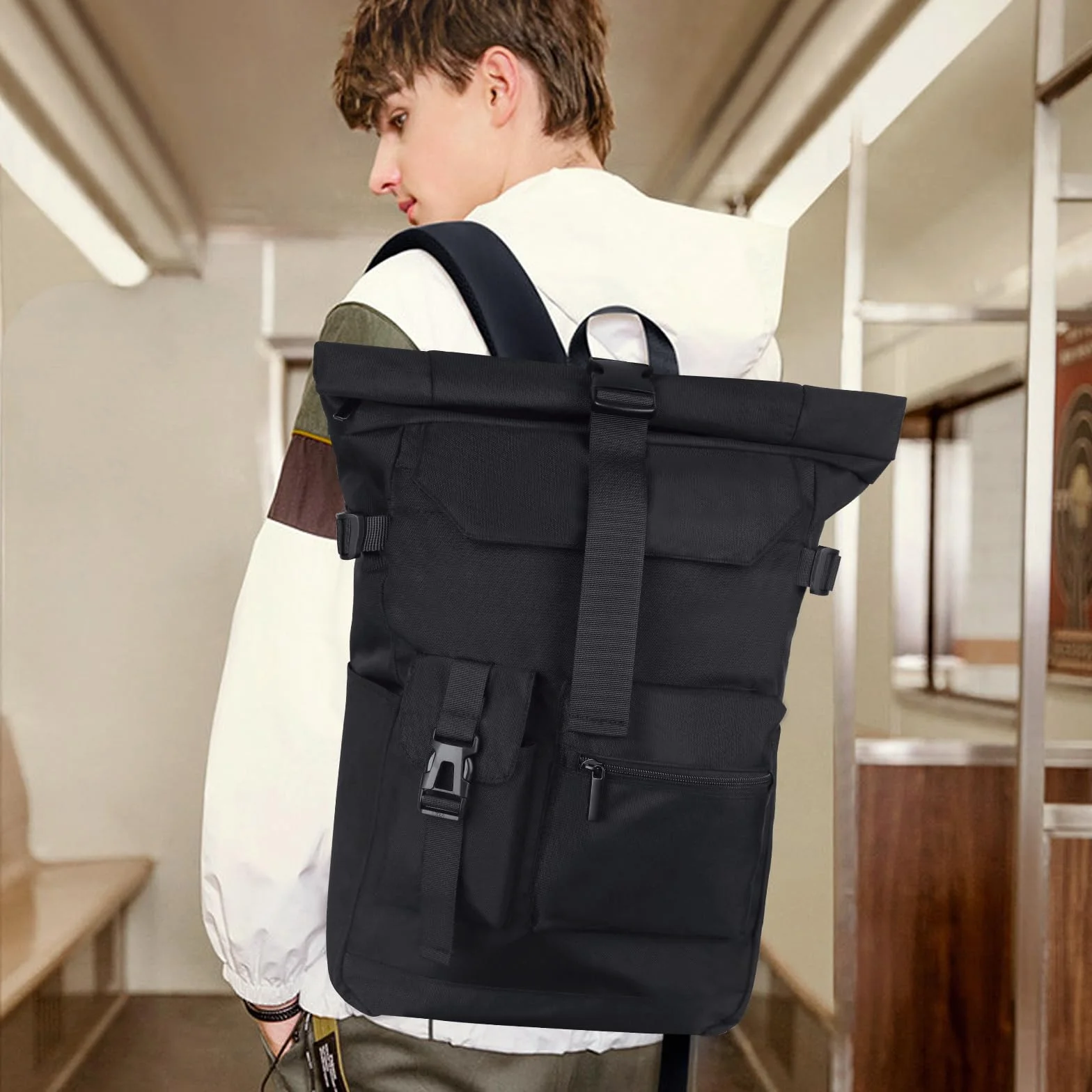 Rolltop plecak wodoszczelny, duży plecak dla mężczyzn i kobiet, Plecak zwijany z kieszenią na laptopa o przekątnej ekranu 17,3", plecak podróżny, plecak turystyczny, do pracy(Czarny) (czarny)