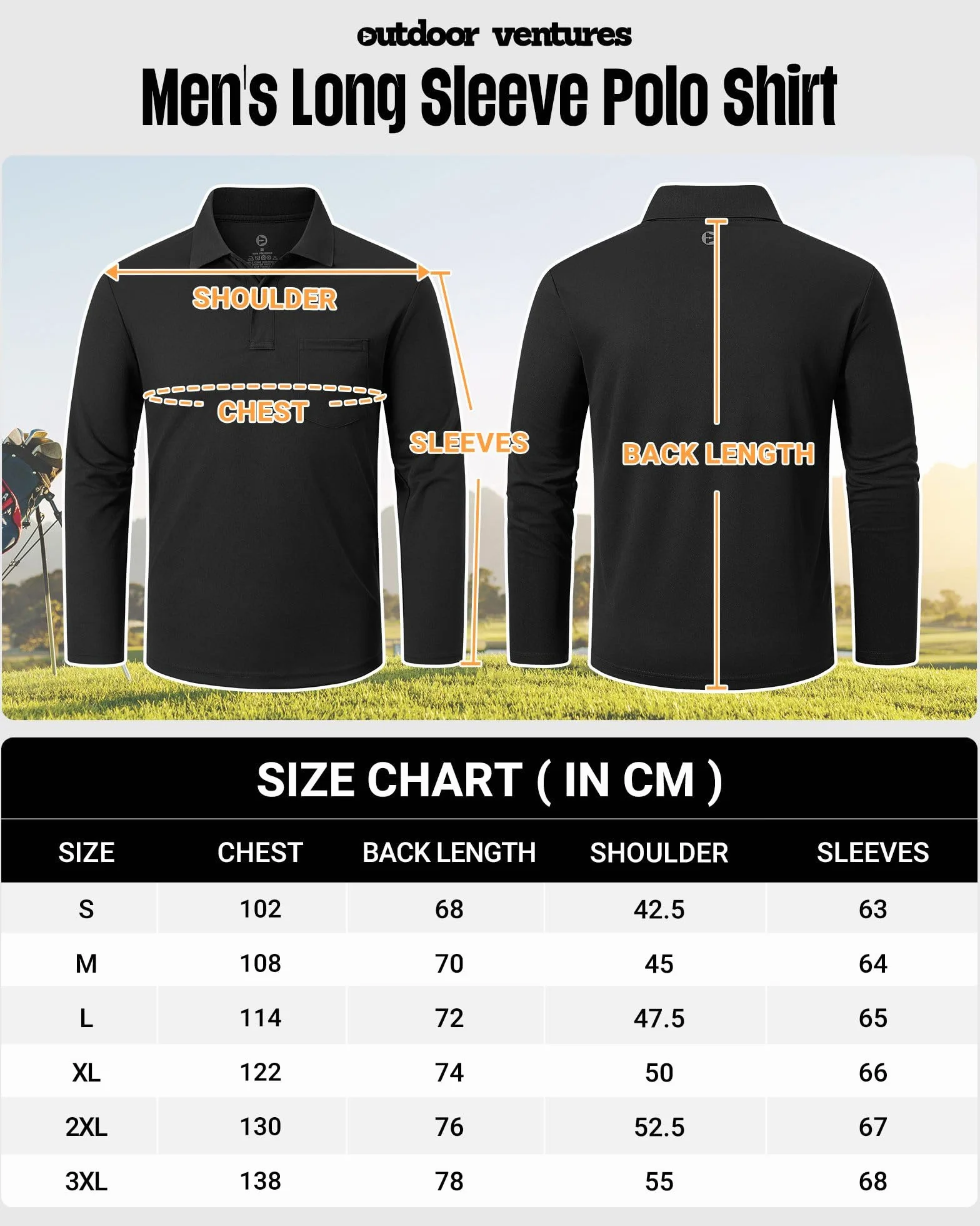 Outdoor Ventures Męska koszulka polo z długim rękawem, UPF50+, ochrona przed słońcem, ochrona przed promieniowaniem UV, koszulka polo dla mężczyzn, lekka, oddychająca koszulka polo, top do tenisa