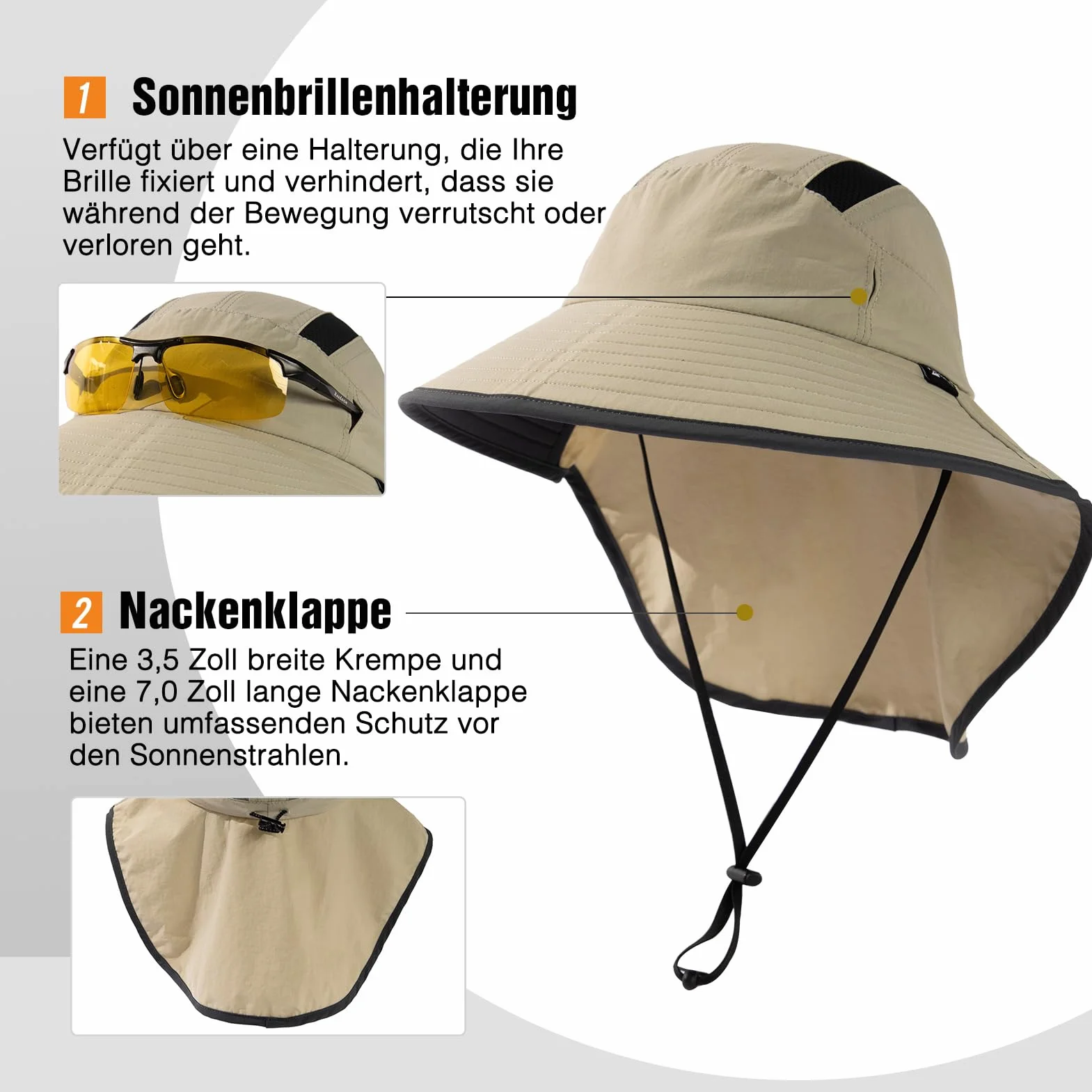 TOP-EX XL/XXL unisex kapelusz przeciwsłoneczny, z szerokim rondem, z ochroną karku, uchwyt na okulary przeciwsłoneczne, outdoorowy, safari, kapelusz letni, wodoszczelny i składany
