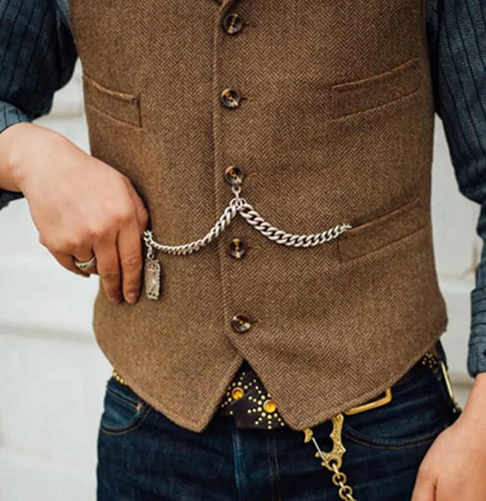 Vintage męska kamizelka slim fit tweedowa wełniana kamizelka biznesowa w jodełkę na ślub dla drużbów