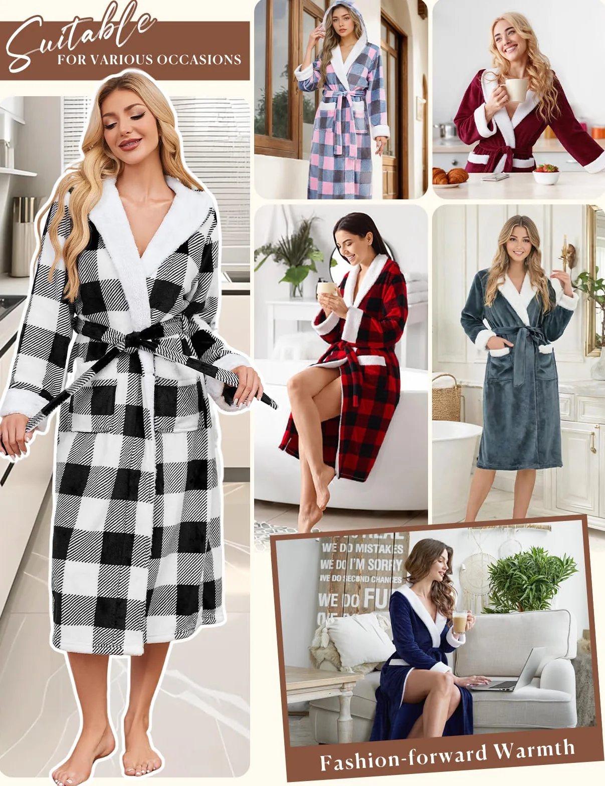 Yuson Girl Damski flanelowy szlafrok długi pluszowy szlafrok polarowy z kapturem ciepły zimowy szlafrok dla kobiet miękki puszysty odzież domowa tartan kratka wzór spa bielizna nocna