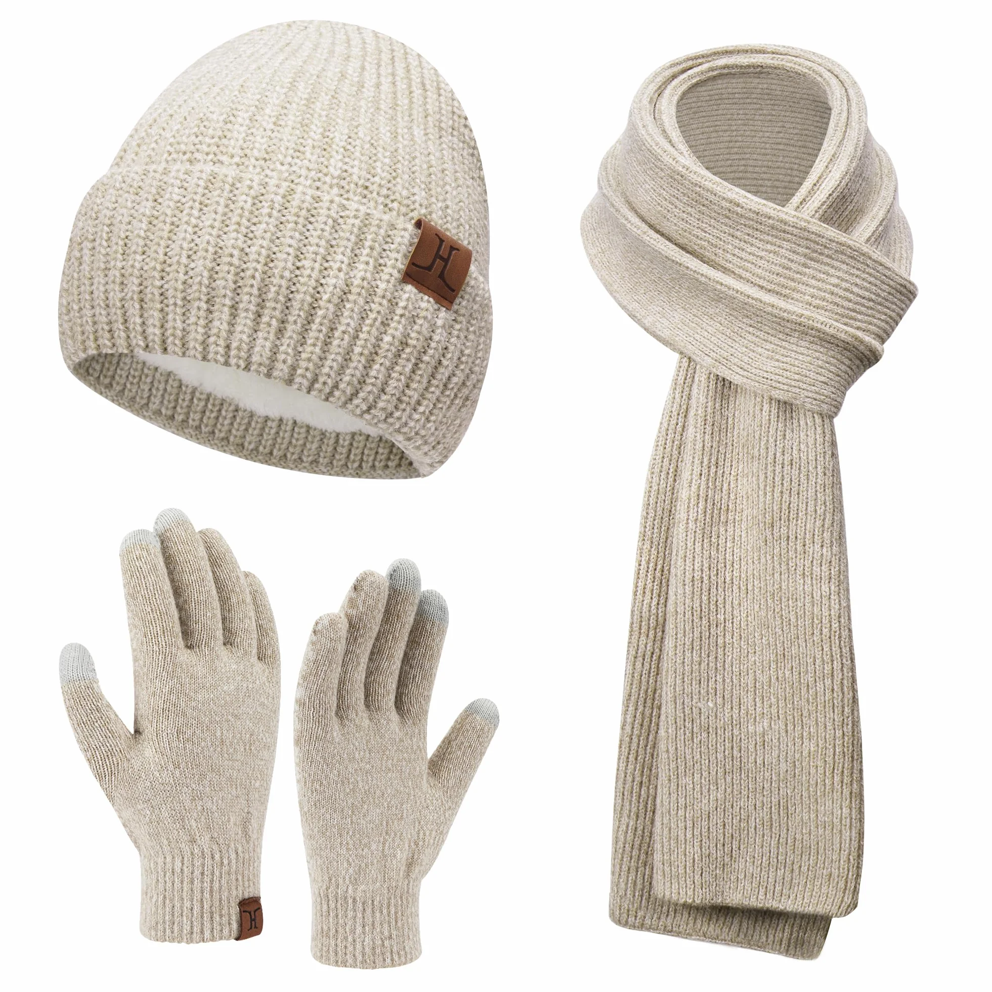 ZASFOU Damskie zimowe ciepłe czapki beanie, długi szalik, rękawiczki dotykowe - zestaw dzianinowych szalików na szyję i czapek typu skull cap z polarem, prezenty dla kobiet, Biały, beżowy, Rozmiar