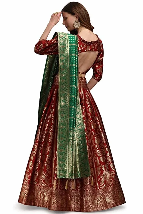 Damska sukienka żakardowa Lehenga Choli & Dupatta na wesele, dowolny rozmiar (Lehenga: częściowo szyta i bluzka: bez szycia)