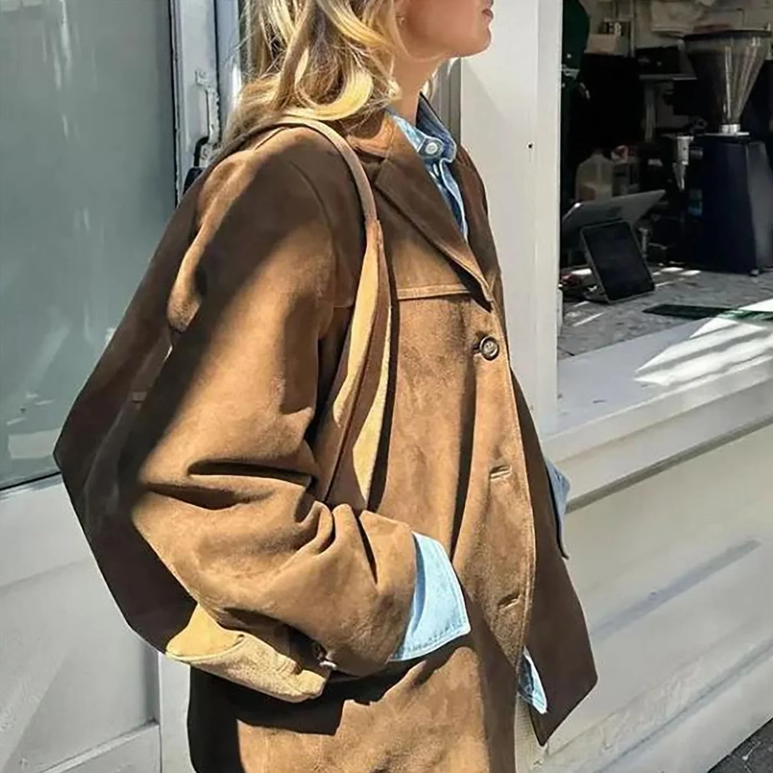 Damskie Faux Suede Kurtki Lapel Kołnierz Suede Marynarka Jesień Zima Długi Rękaw Moda Zamsz Kurtki