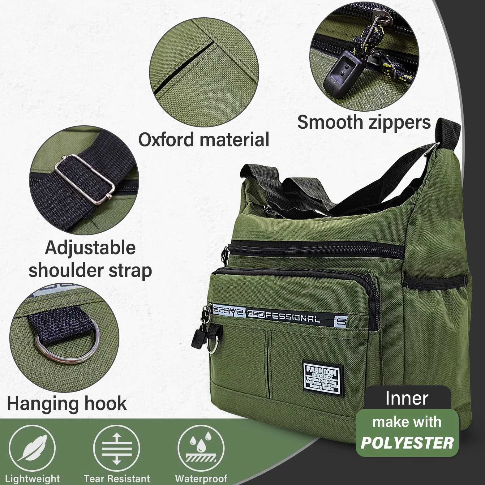 FuninCrea Męska torba na ramię, 5 kieszeni z zamkiem błyskawicznym, torba crossbody, duża pojemność, męska torba na ramię z regulowanym paskiem na ramię