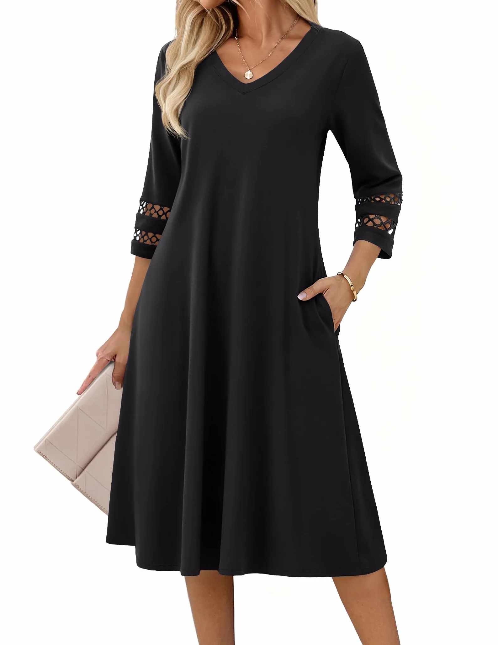 Zeagoo Letnia sukienka damska, elegancka, rękaw 3/4, sukienka midi, koronkowe rękawy, sukienka tunika, sukienka z kieszeniami, dekolt w serek, sukienka na czas wolny