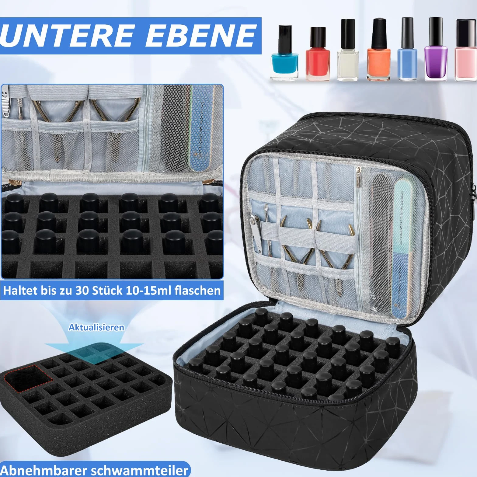 OUUTMEE Dwuwarstwowa torba na lakier do paznokci na 30 butelek, walizka do nail art, przenośna torba do przechowywania lakieru do paznokci, nadaje się do przechowywania produktów do pielęgnacji