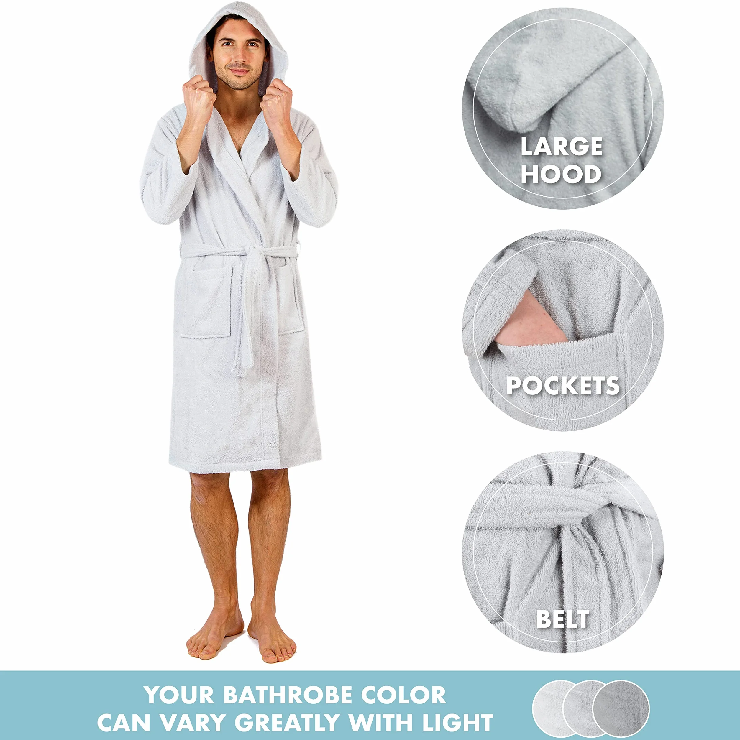 Twinzen Męski płaszcz kąpielowy, rozmiary XS/S/M/L/XL/XXL, 100% bawełna (350g/m²), certyfikat Öko-Tex®, z kapturem, 2 kieszeniami i paskiem