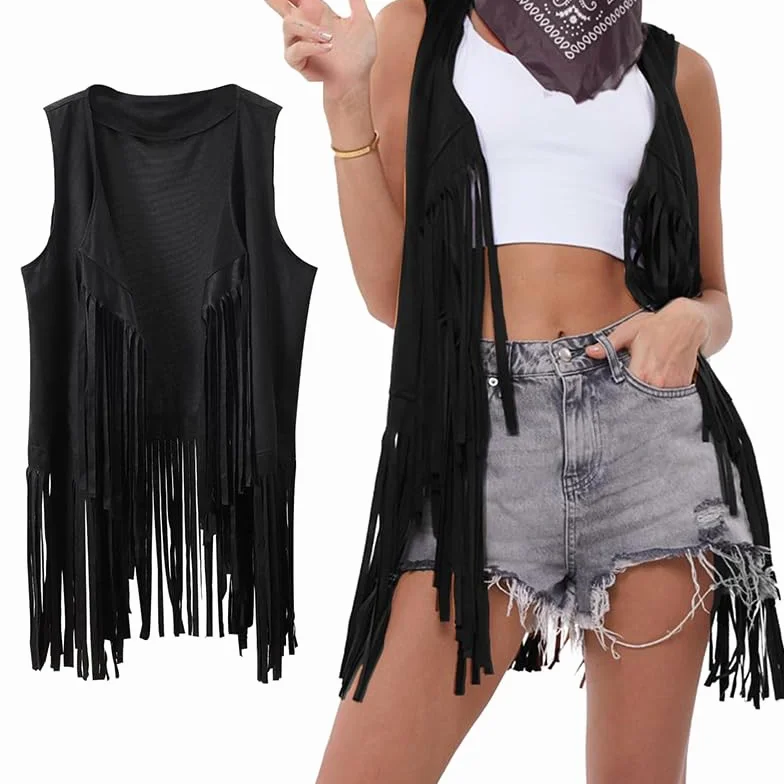 Damskie topy z frędzlami, styl lat 70., hipisowski kostium, kowbojka, kamizelka z frędzlami, tank top z krótkim rękawem, kurtka, stroje