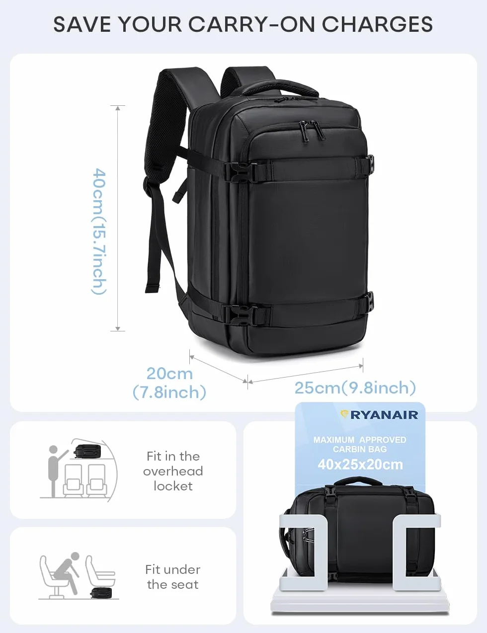 BAGZY Plecak na bagaż podręczny 40x20x25 dla Ryanair Plecak podróżny Bagaż podręczny Samolot Mały plecaks podróżny Wodoodporny plecaks na laptopa na 14-calowy laptop z bagażem podręcznym USB Czarny