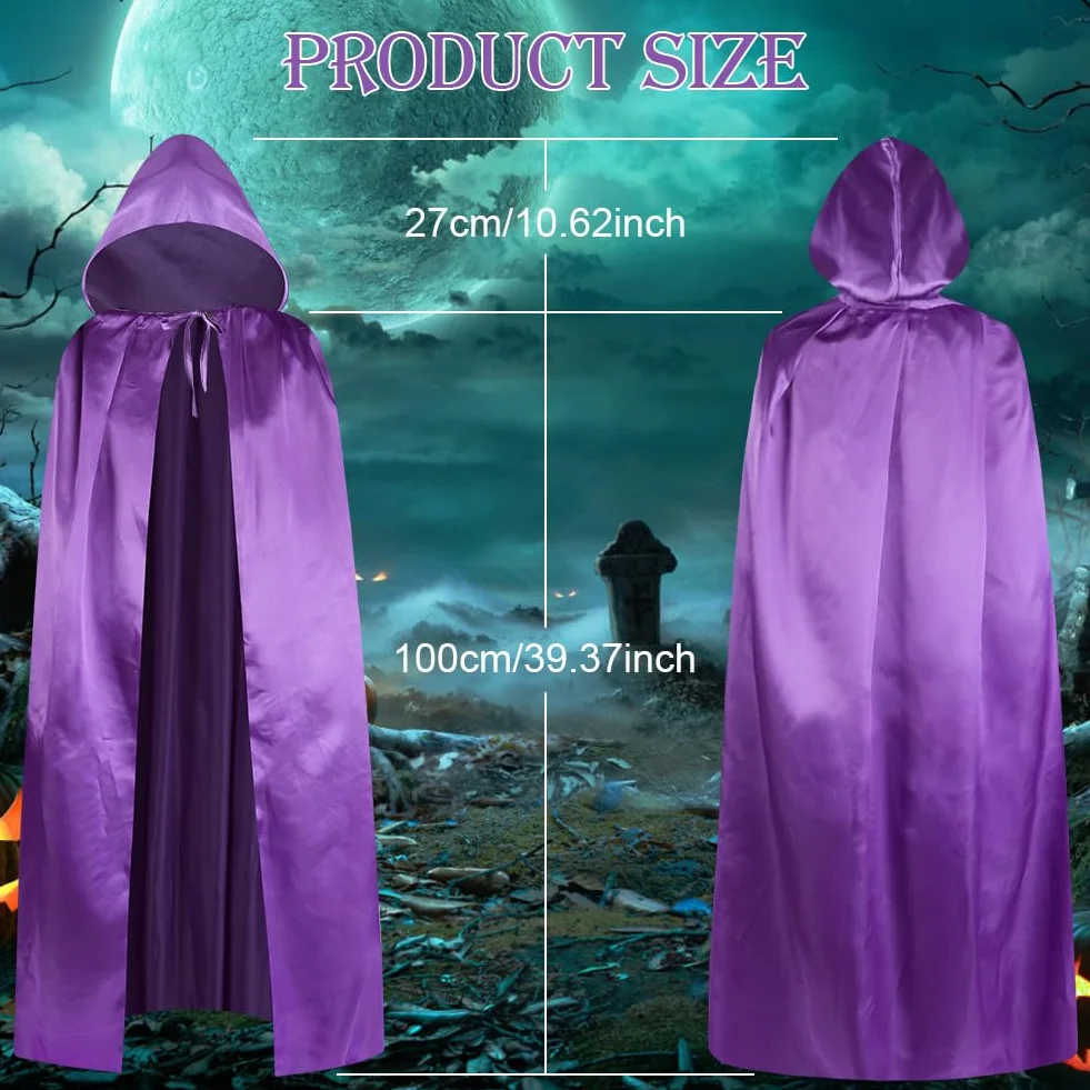 Aomig Czarna peleryna z kapturem na Halloween dla dorosłych, długa peleryna z kapturem, czarownica, akcesoria do cosplay, tajemniczy czarodziej, bajkowy, fantazyjny kostium, Halloween, maskarada