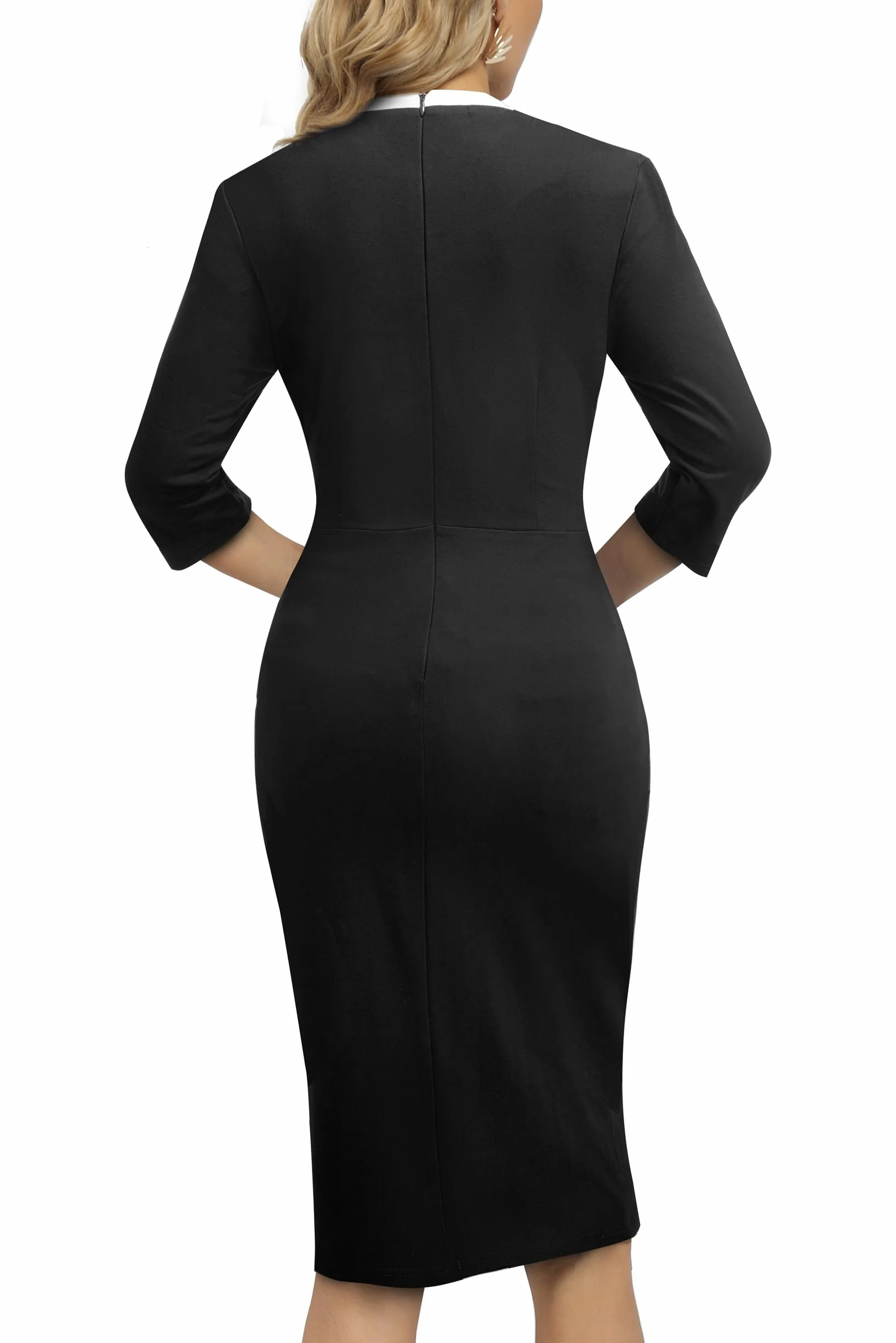 HOMEYEE Damska sukienka ołówkowa z rękawami 3/4 w stylu retro bodycon koktajlowa sukienka kopertowa B805