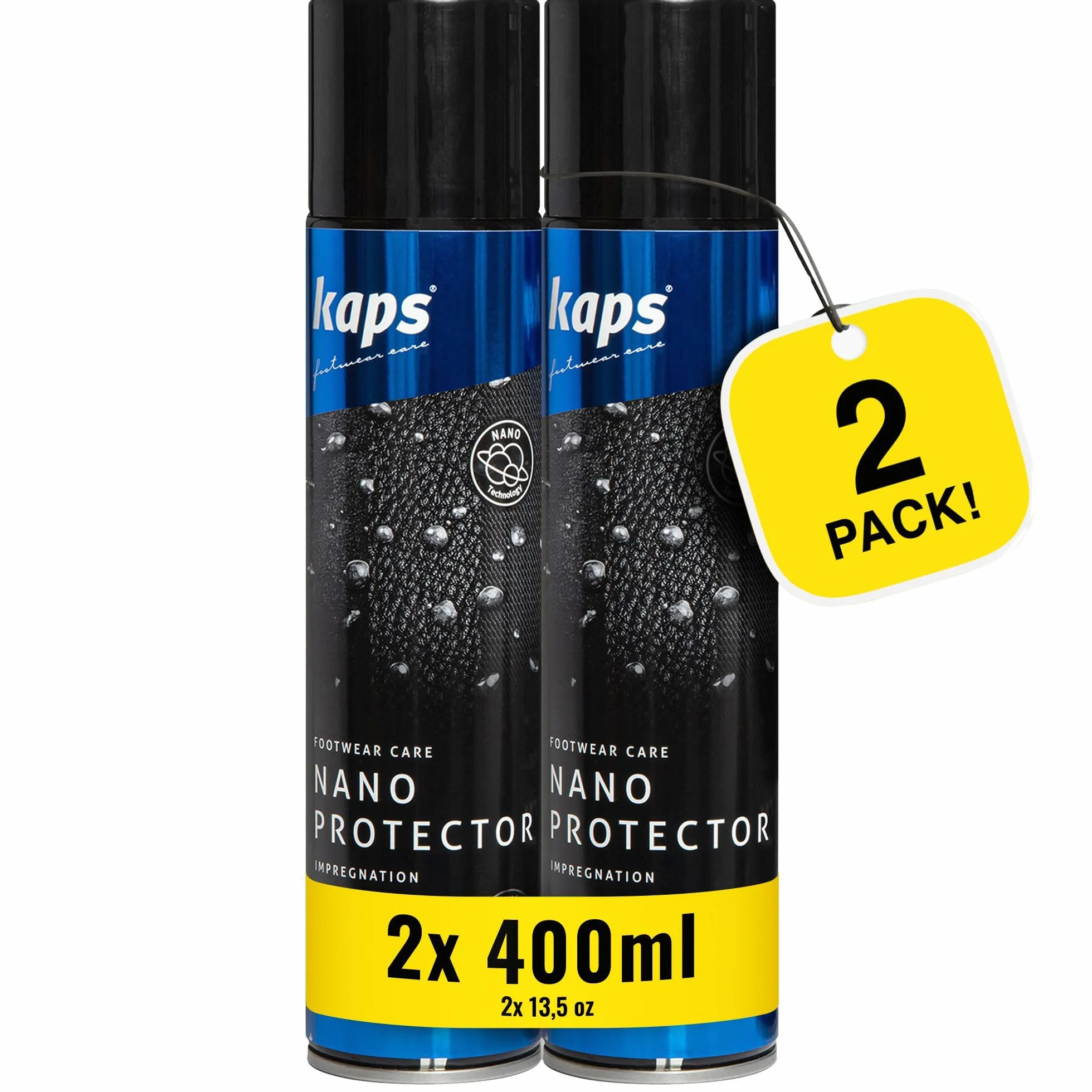 Kaps Nano Protector, Zestaw 2x 400ml, Wodoodporny Spray Ochronny do Butów ze Skóry, Nubuku, Zamszu, Tekstyliów i Materiałów TEX, Ogranicza Wilgoć i Brud