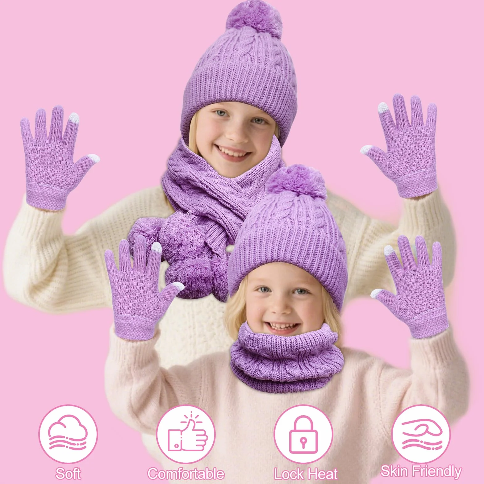 Zimowe Rękawiczki Szalikowe, 4 w 1 Dziecięca Czapka Zimowa, Dziecięca Zimowa Czapka z Pomponem, Z Ocieplanym Kominem, Szalikiem i Rękawiczkami, Elastyczny Wygodny Zestaw Dla Dziewczynek 3–8 Lat