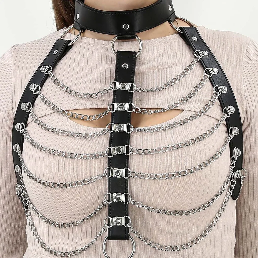 JFAN Gothic Body Chains Choker Czarny Biustonosz Łańcuch Pasek i Frędzle Naszyjnik Punk Akcesoria dla kobiet, Talla única, Metal nieszlachetny, Stop