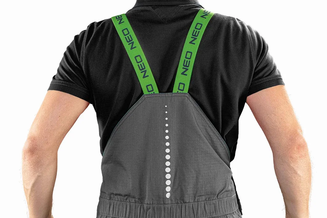 NEO TOOLS Męskie spodnie robocze klasy premium, 100% bawełna 210 g/m2, Ripstop, rozmiar XS-3XL, obszar kolan wzmocniony Cordura, elastyczny gumowy ściągacz i szelki, elementy odblaskowe