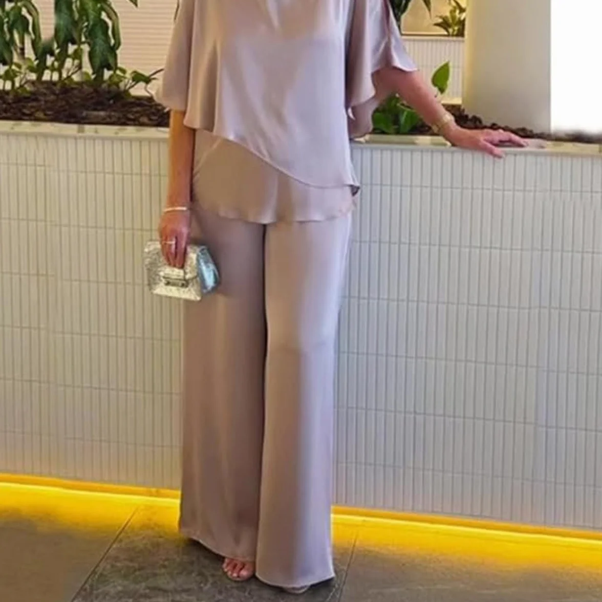 Plus Size szare dwuwarstwowa tunika spodnie, damskie 2-częściowe zestawy jednolite spodnie z dekoltem w serek garnitury asymetryczny zwiewny zestaw